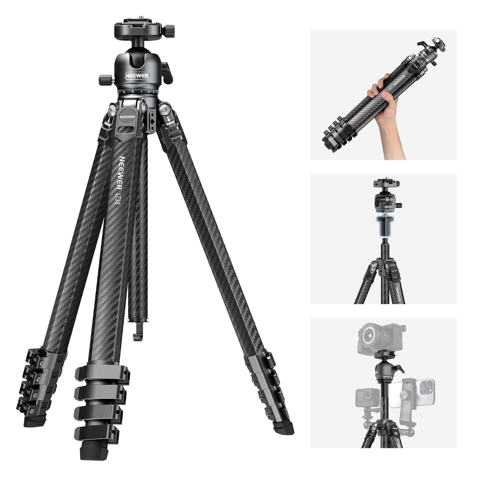 Neewer Litetrip Lt38 61'' Travel Tripod Carbon Fiber For Camera, 360 Pan Tilt Low Profile Ball Head, Flexible Center Axis, Arca