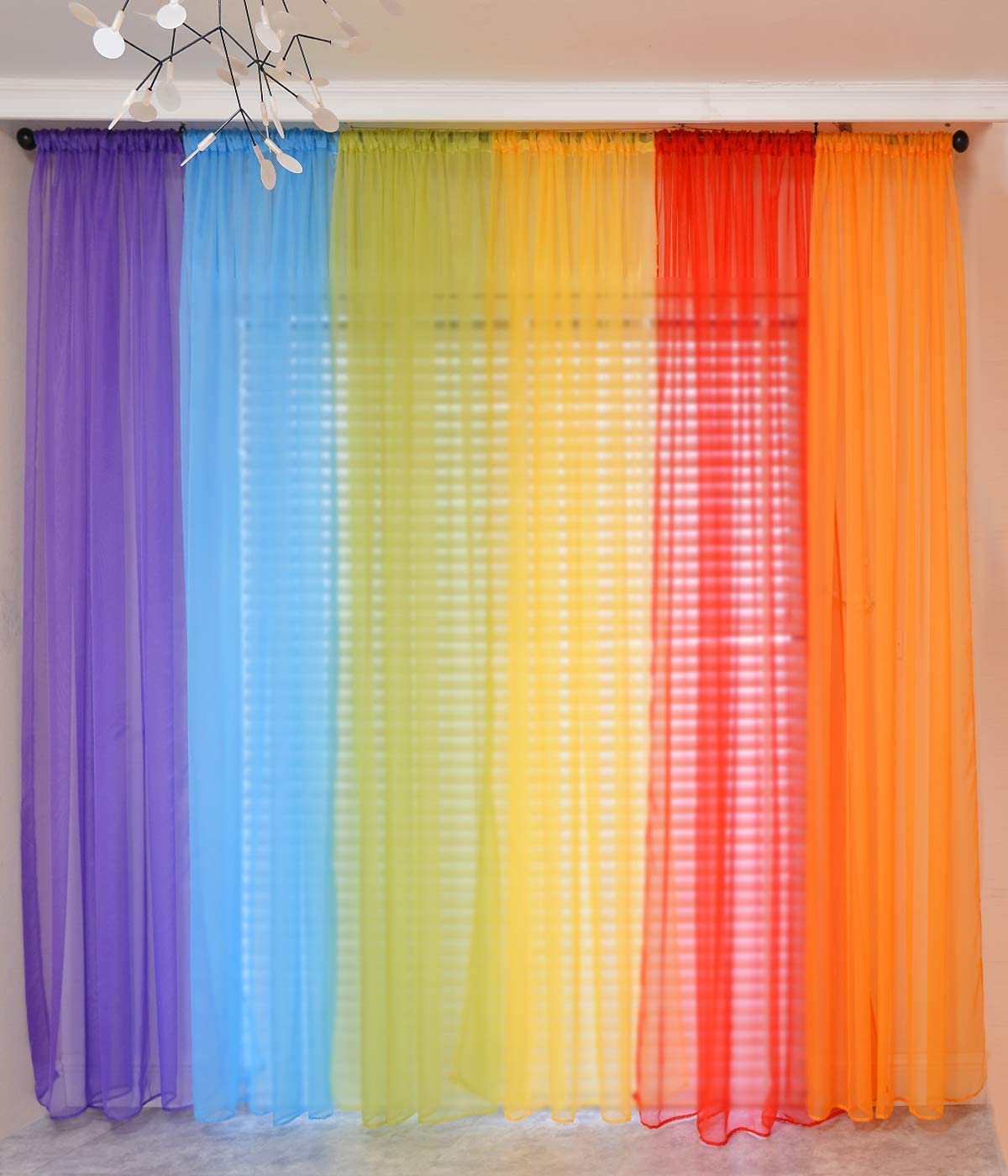 Yancorp 6 Panels Sheer Curtains Rainbow Window Decoration Voile Drapes 63 Inches Kids Girls Boys Party Favor Christmas Classroom