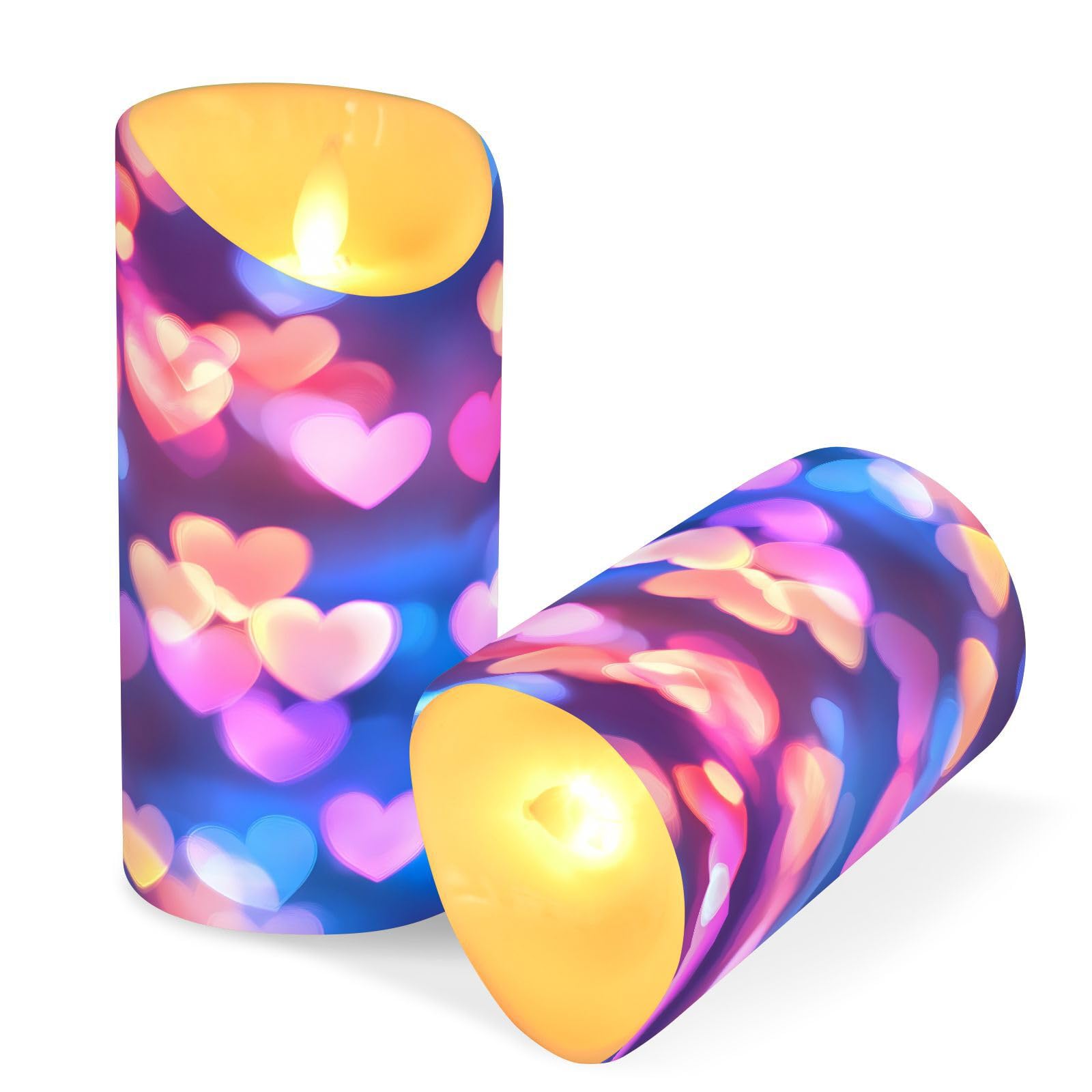 Valentines Flameless Candles Set of 2 Pink Blue Heart Neon Pattern Realistic LED Candles with Remote Battery Operated Holiday De