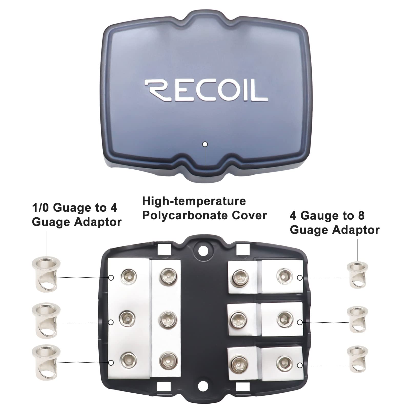 Recoil Mfh13 3 Way Mini Anl Fused Distribution Block, 3 X 0/2/4 Gauge In / 3 X 4/8 Gauge Out Fused Distribution Block With 60A,
