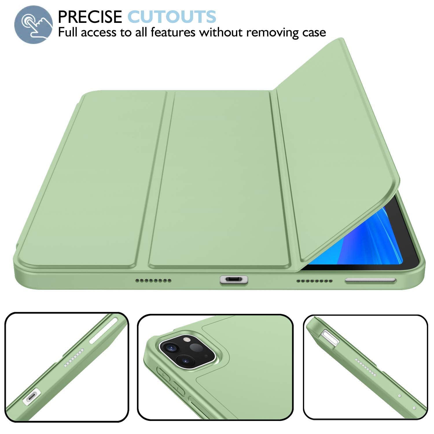 Imieet New Ipad Pro 11 Inch Case 2022(4Th Gen)/ 2021(3Rd Gen) With Pencil Holder [Support Ipad 2Nd Pencil Charging/Pair],Trifold Stand Smart Case With Soft Tpu Back,Auto Wake/Sleep(Matcha Green)