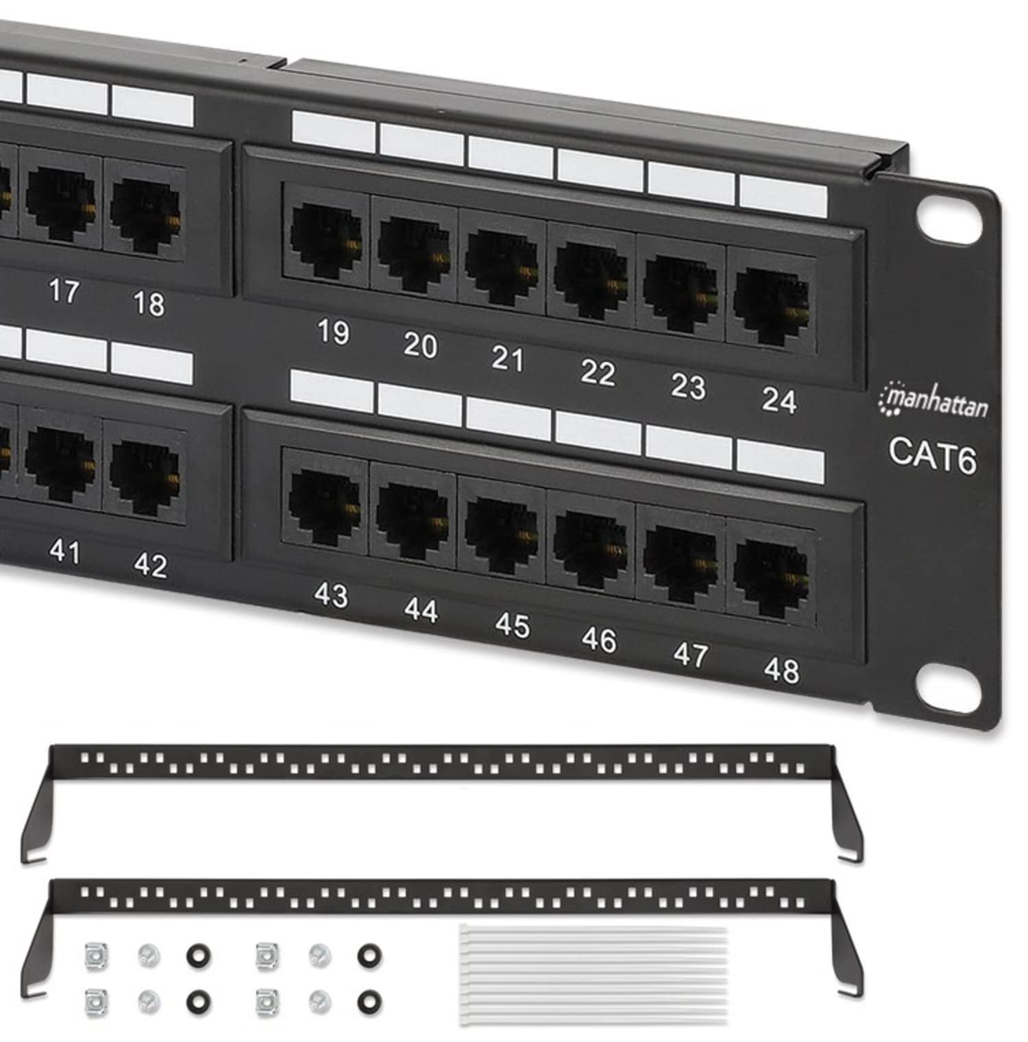 MANHATTAN 48Port Network Patch Panel Cat6  2U UL Listed  Rackmount Wall Mount  Cable Management Bar  Rack Mount Hardware 