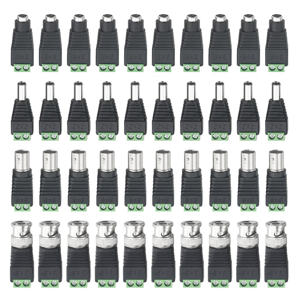 Wmycongcong 20 Pcs 2.1X5.5Mm Female And Male Dc Power Adapter Connector + 20 Pcs Camera Video Bnc Male And Female Balun Connecto