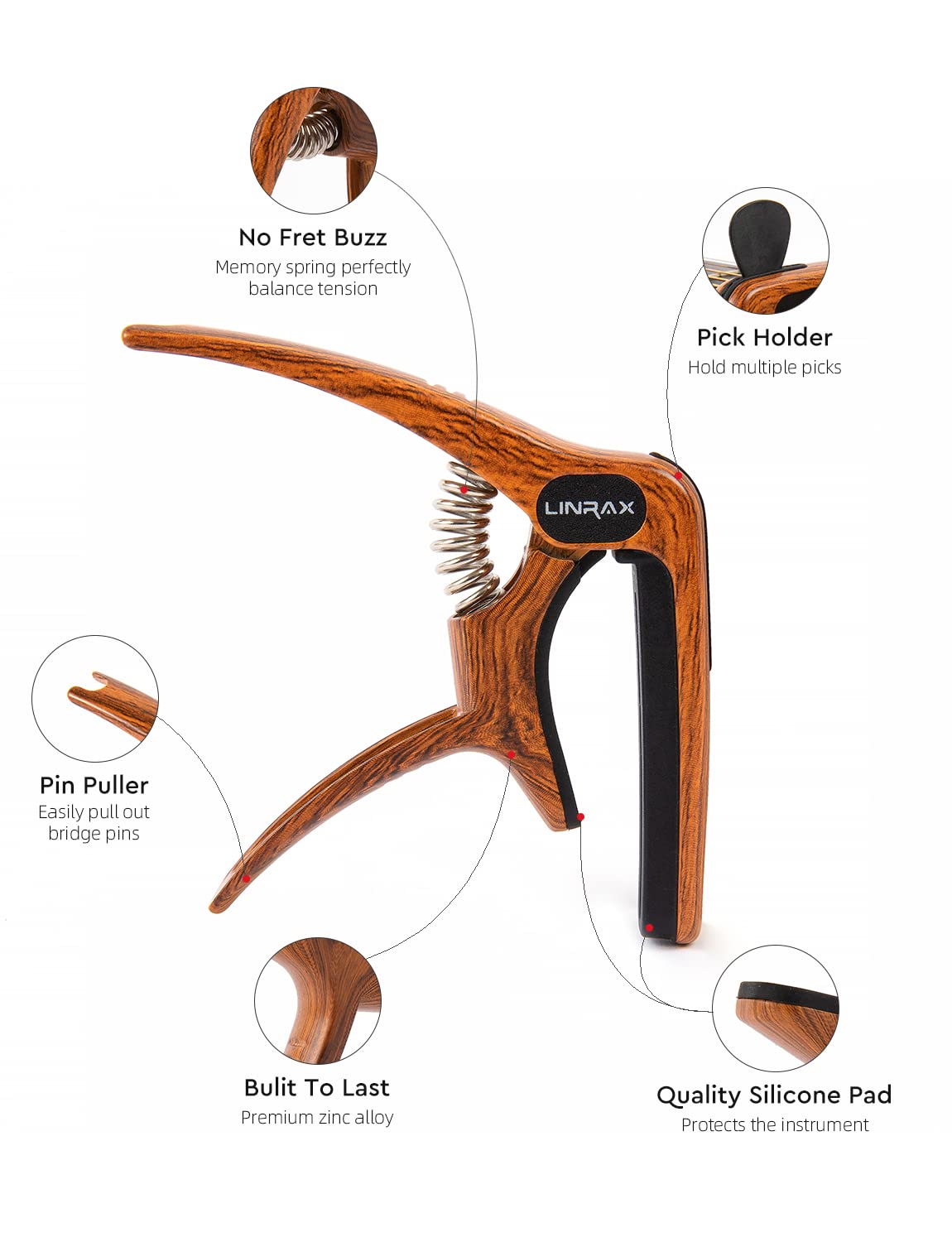 Linrax C1 Guitar Capo, 3 In 1 Zinc Alloy Capo With Pick Holder And Bridge Pin Puller, Capos For Acoustic Guitar Electric Guitar