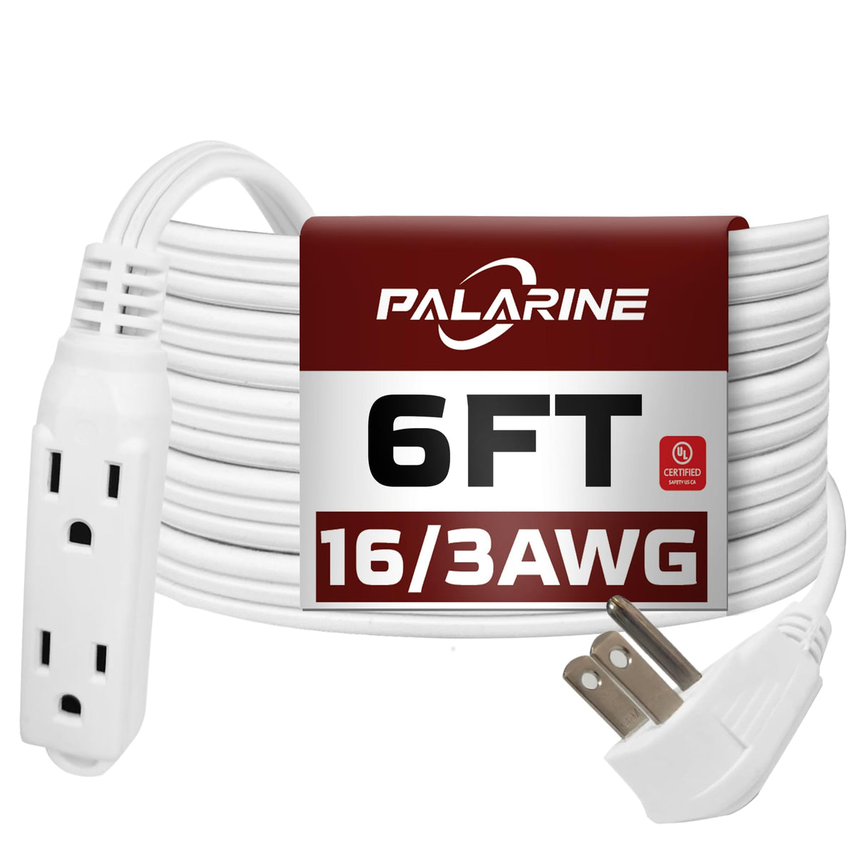 Palarine Flat Plug Extension Cord With 3 Outlets Extender, Flat Plug Power Strip, Indoor Extension Cord 16 Gauge 6Ft White 3 Pro