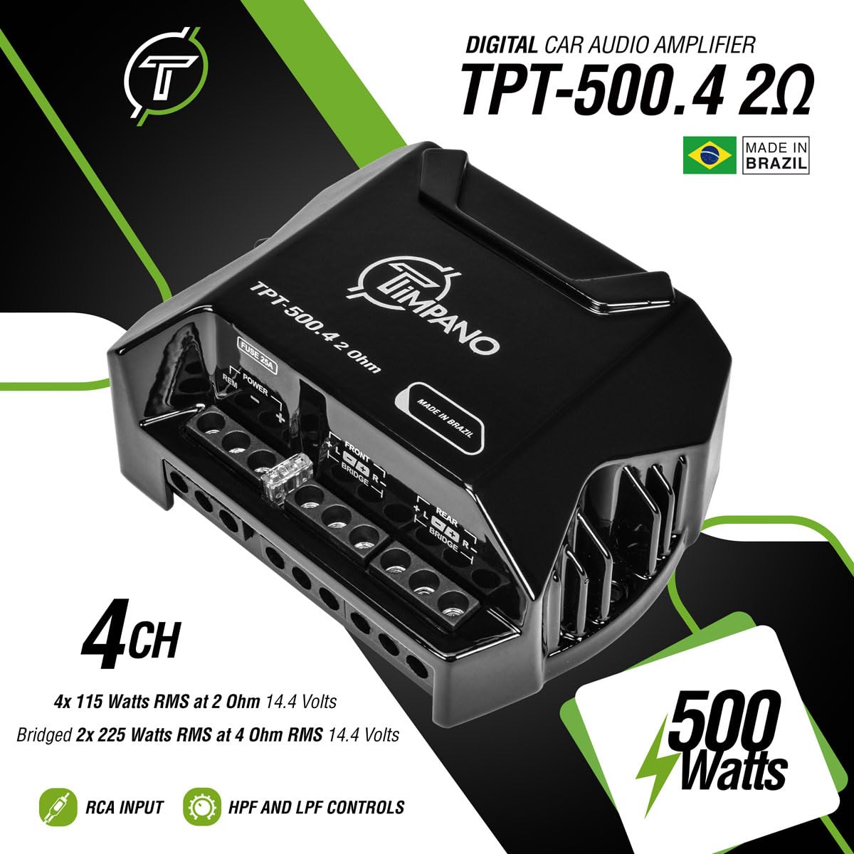 Timpano Tpt500.4 Compact 4 Channel Car Audio Amplifier, 4 X 125 Watts At 2 Ohm, Mini Stereo 12 Volts Full Range Class D Amp Brid