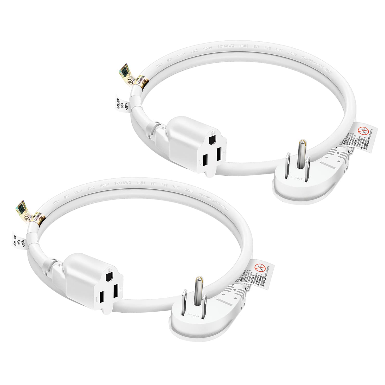 Firmerst 1875W 15A Extension Cord 2 Feet 14/3 Flat Plug White, Pack Of 2