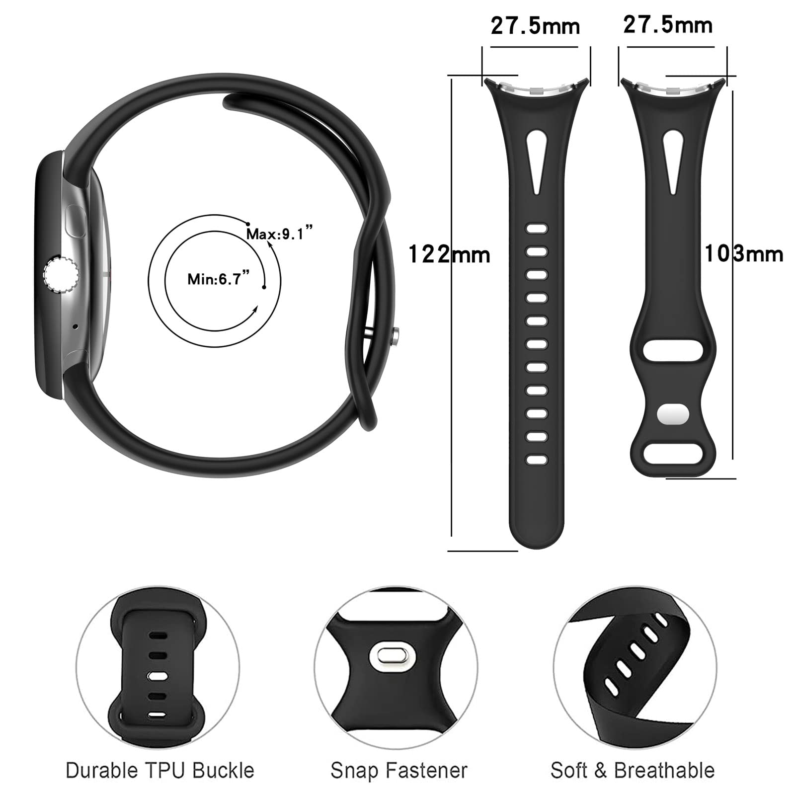 Ruentech Compatible With Google Pixel Watch Bands, Soft Silicone Replacement Straps Adjustable Sport Wristbands For Google Pixel