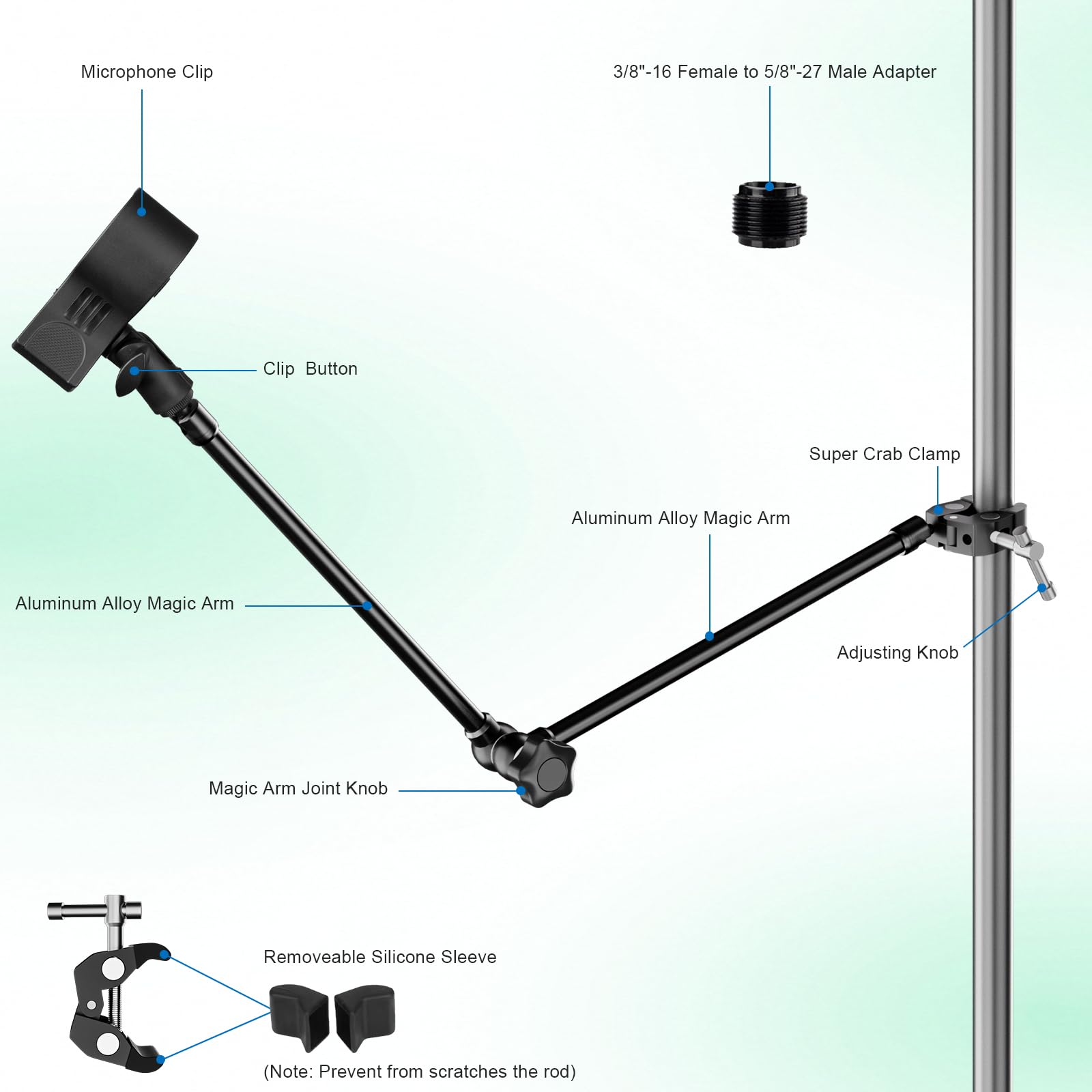 Mippko Microphone Stand Holder,21.5  Long Flexible Adjustable Magic Arm Super Crab Clamp Mic Clip 3/8 -16 To 5/8 -27 Adapter Mou