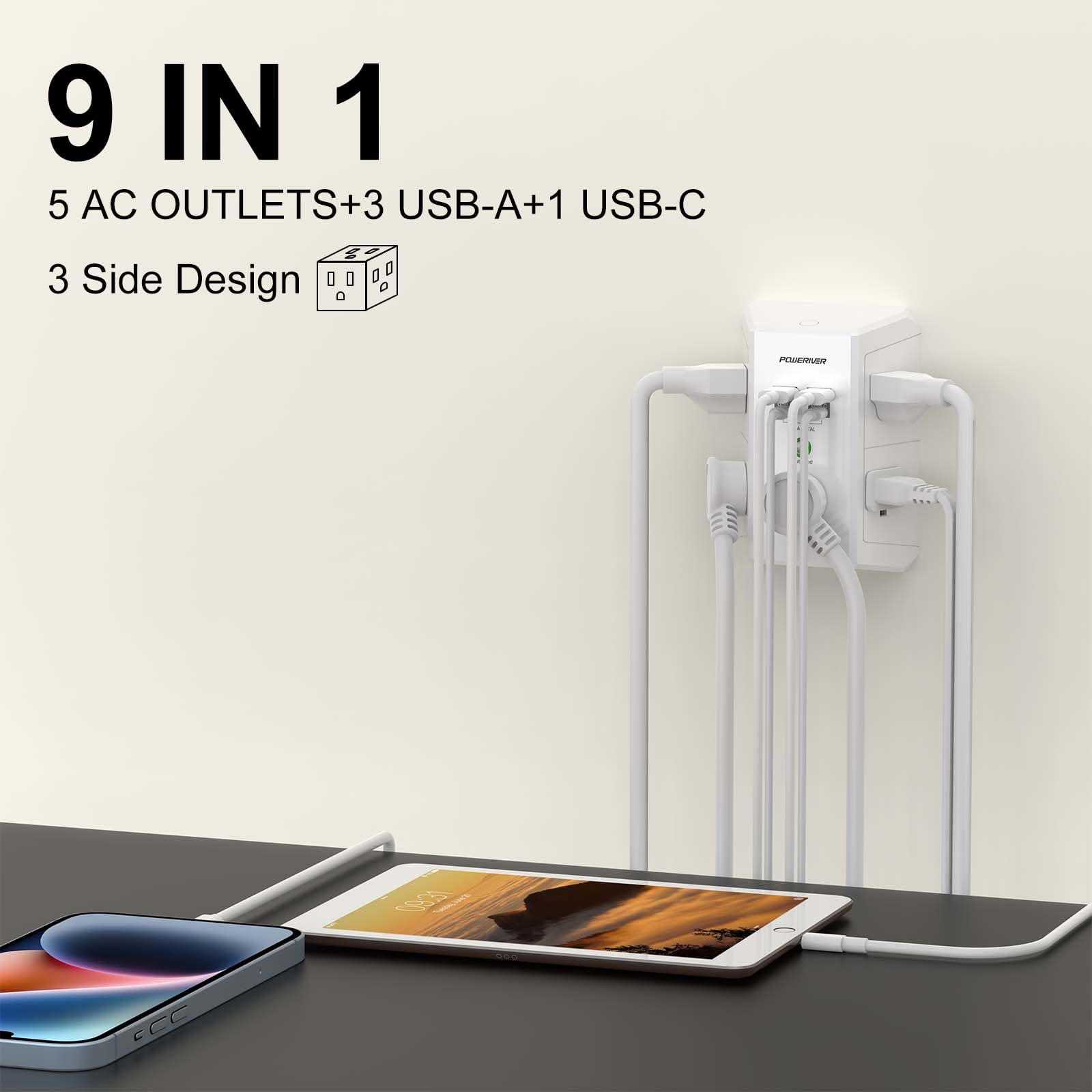 Multi Outlet Extender Surge Protector   Poweriver Multi Plug Wall Outlet With 5 Ac Outlets And 4 Usb Ports(2Usb C), 1680 Joules,