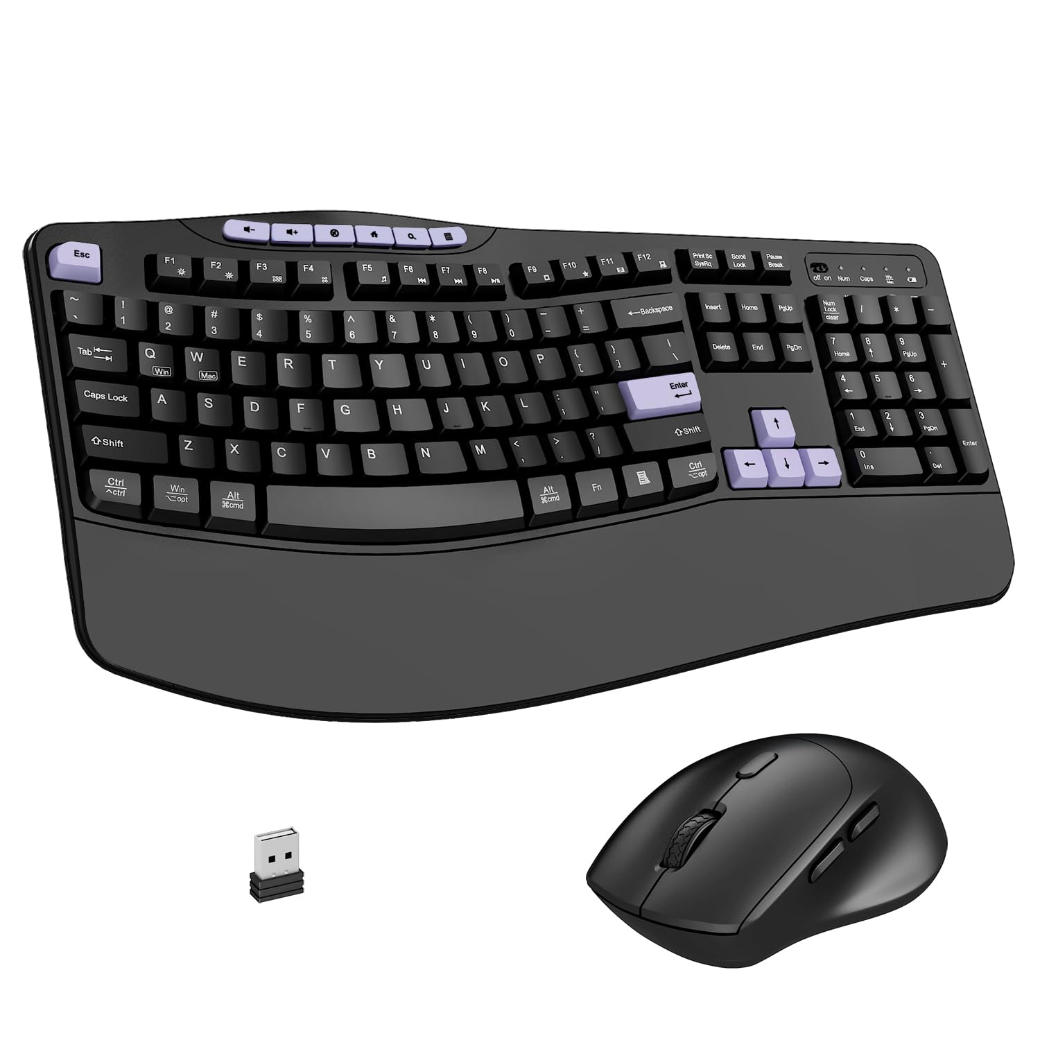Wireless Keyboard and Mouse Combo, 2.4G Ergonomic Wave Keys(Purple)