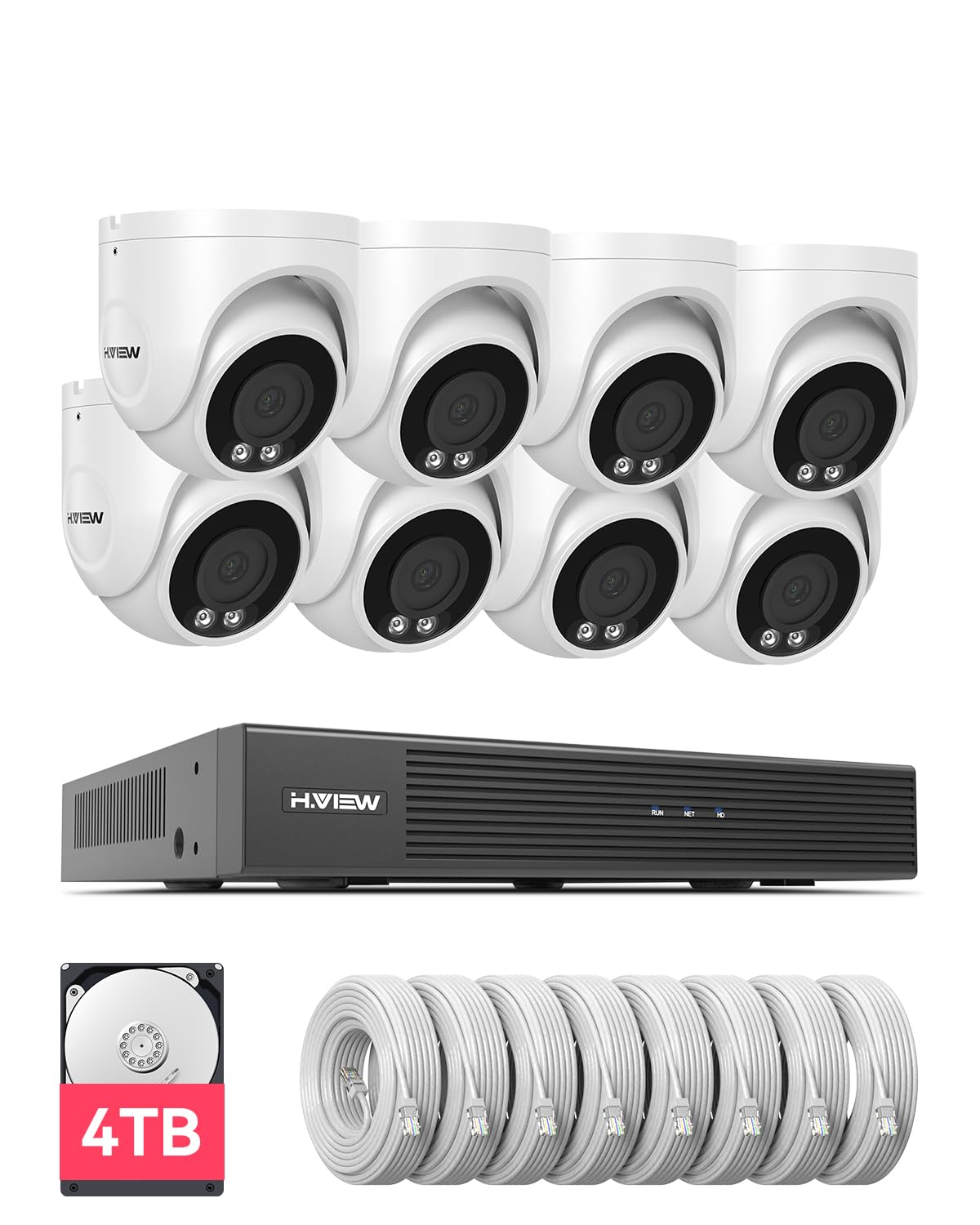 H.View 8 Channels 4K Home Security Camera System, 4Tb Hdd Preinstalled, 8Pcs Outdoor 8Mp Poe Dome Camera, Trigger Color Night Vi