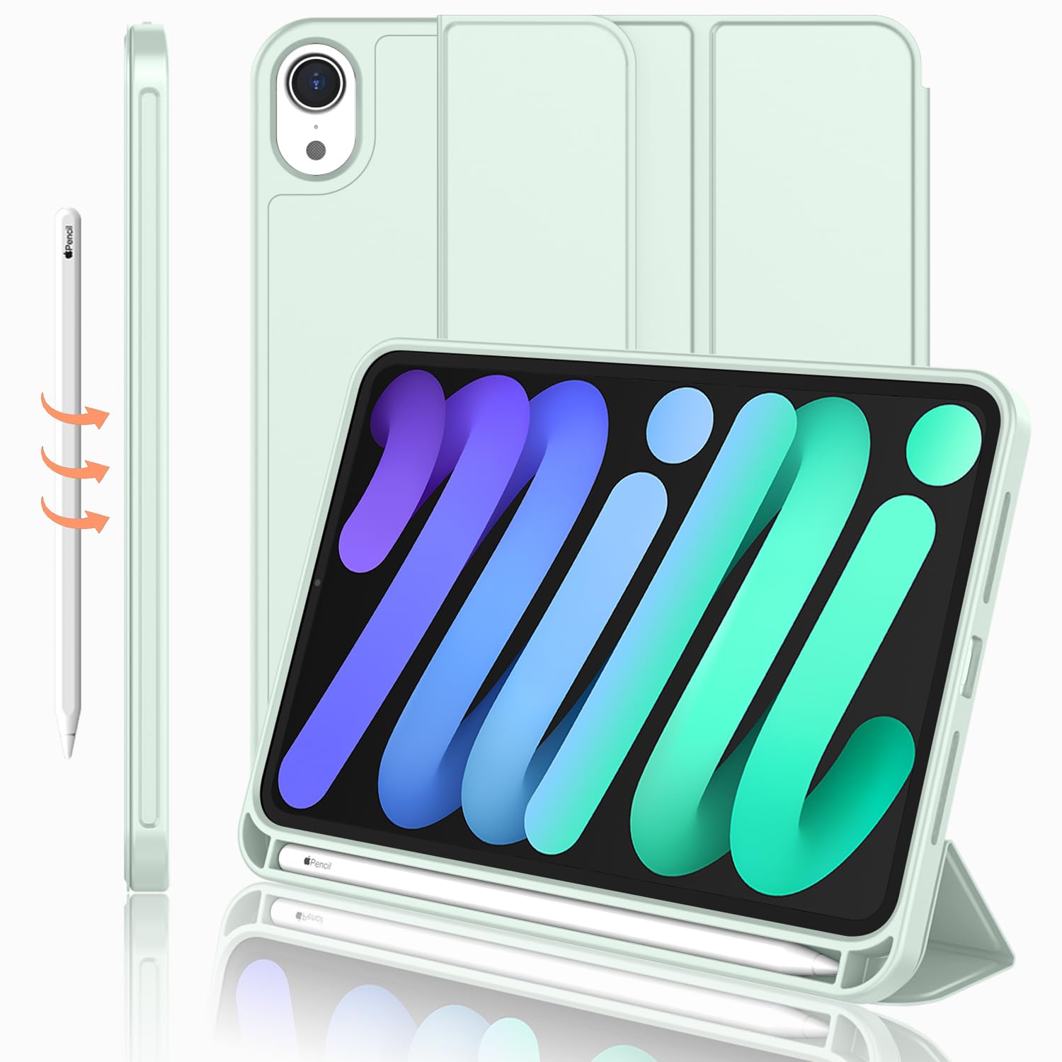 Imieet Ipad Mini 7 Case 2024 (A17 Pro), Ipad Mini 6 Case (8.3 Inch,2021 Model), Ipad Mini 7Th/6Th Generation Case With Pencil Holder, Trifold Stand Smart Case With Soft Tpu Back,Pale Green