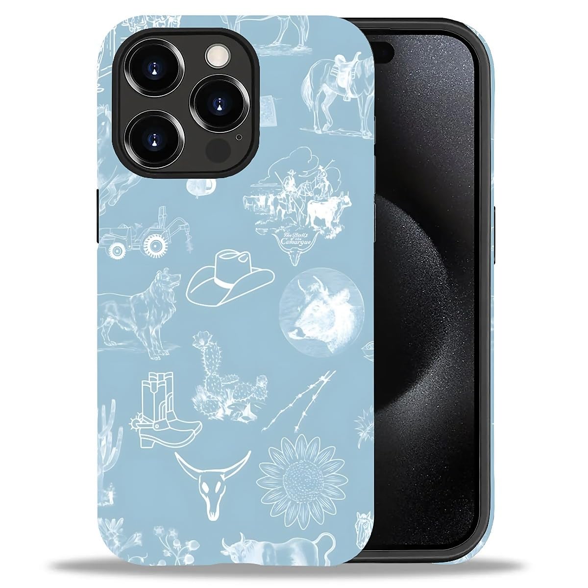 Akinmi Case For Iphone 15 Pro Max,Blue Shadow Horse Exquisitely Pattern Double Protective Phone Cover Cases Soft Silicone For Ip