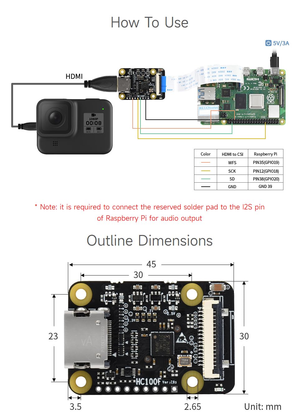 Waveshare Hdmi To Csi Adapter, Compatible With Raspberry Pi 4B/3B+/3B/Pi Zero/Zero, Support 1080P@30Fps Support From Hdmi Input