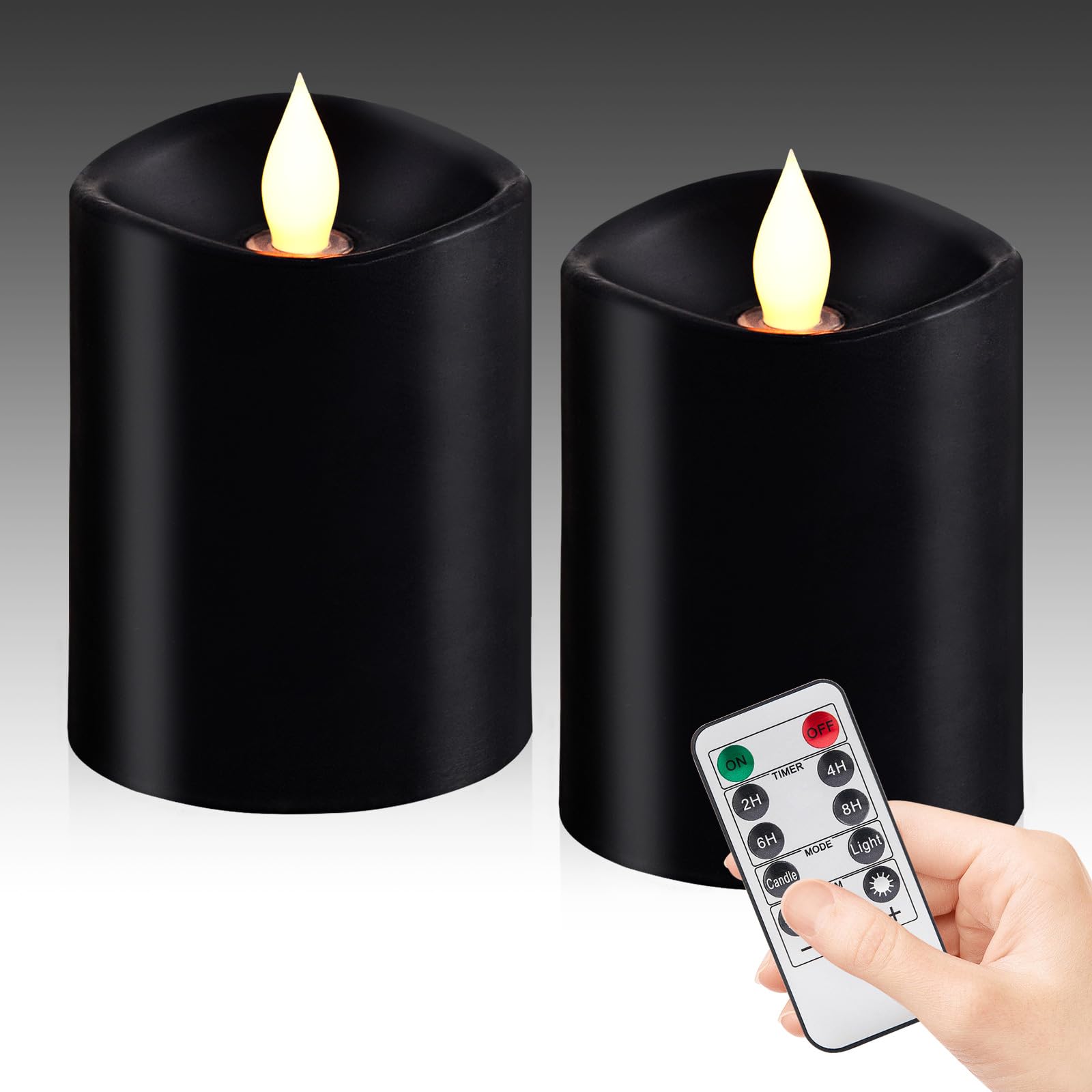 Woocodowe Black Flameless LED Candles - 3 x 4 Real Wax, Battery Operated with Remote Timer, 3D Flickering, Lasts 600+ Hours, Hal