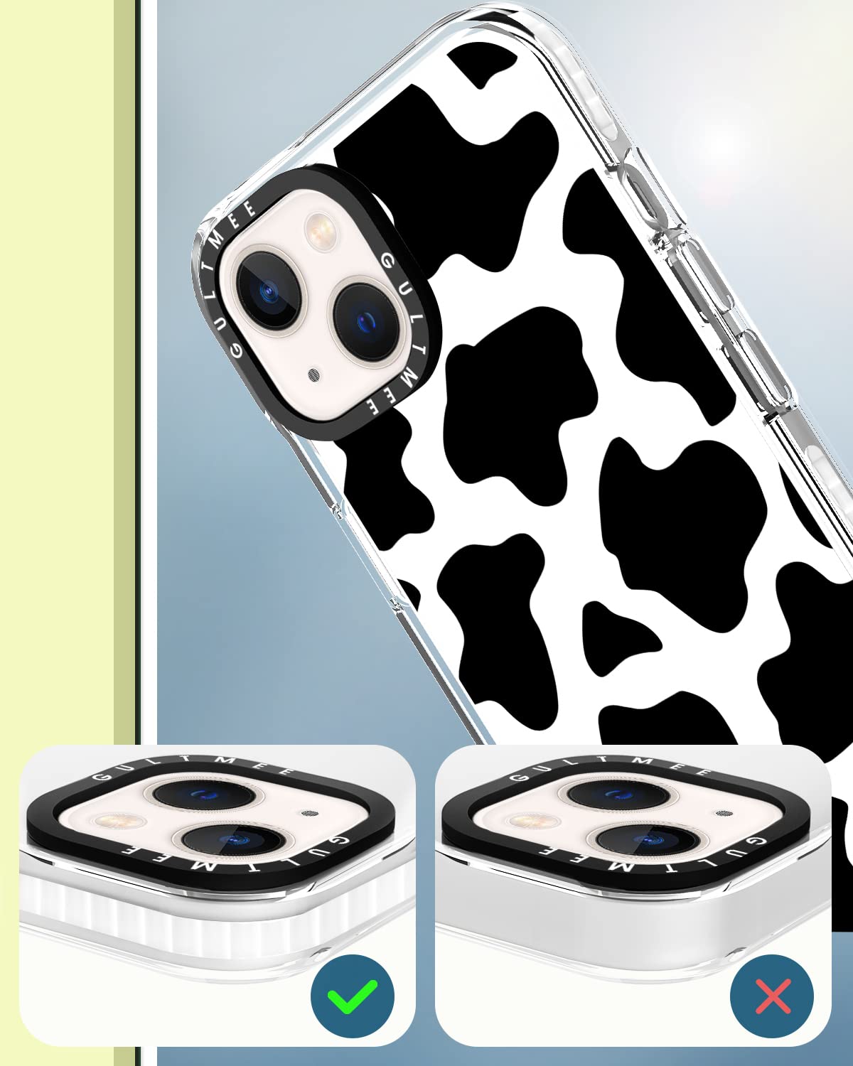 GULTMEE iPhone 13 Case 6.1 inch 3-in-1 Screen & Camera Protector Shockproof Cow Print Black White Slim