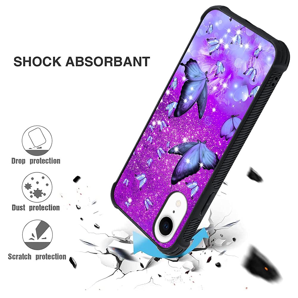 Ziye Designed For Iphone Xr Case Purple Butterfly Hard Lanyard Case With Phone Ring Holder,Full Body Protection Shockproof Drop
