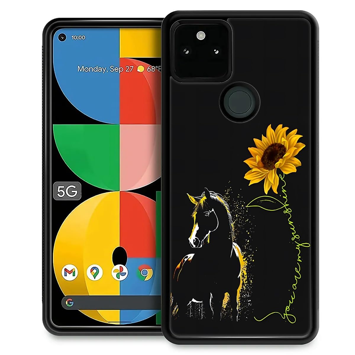 Fkbrcl4U For Google Pixel 5A Case, Horse Sunflower Yellow Sunshine Pattern Graphic Design Girl Boy Soft Silicone Hard Acrylic Sh