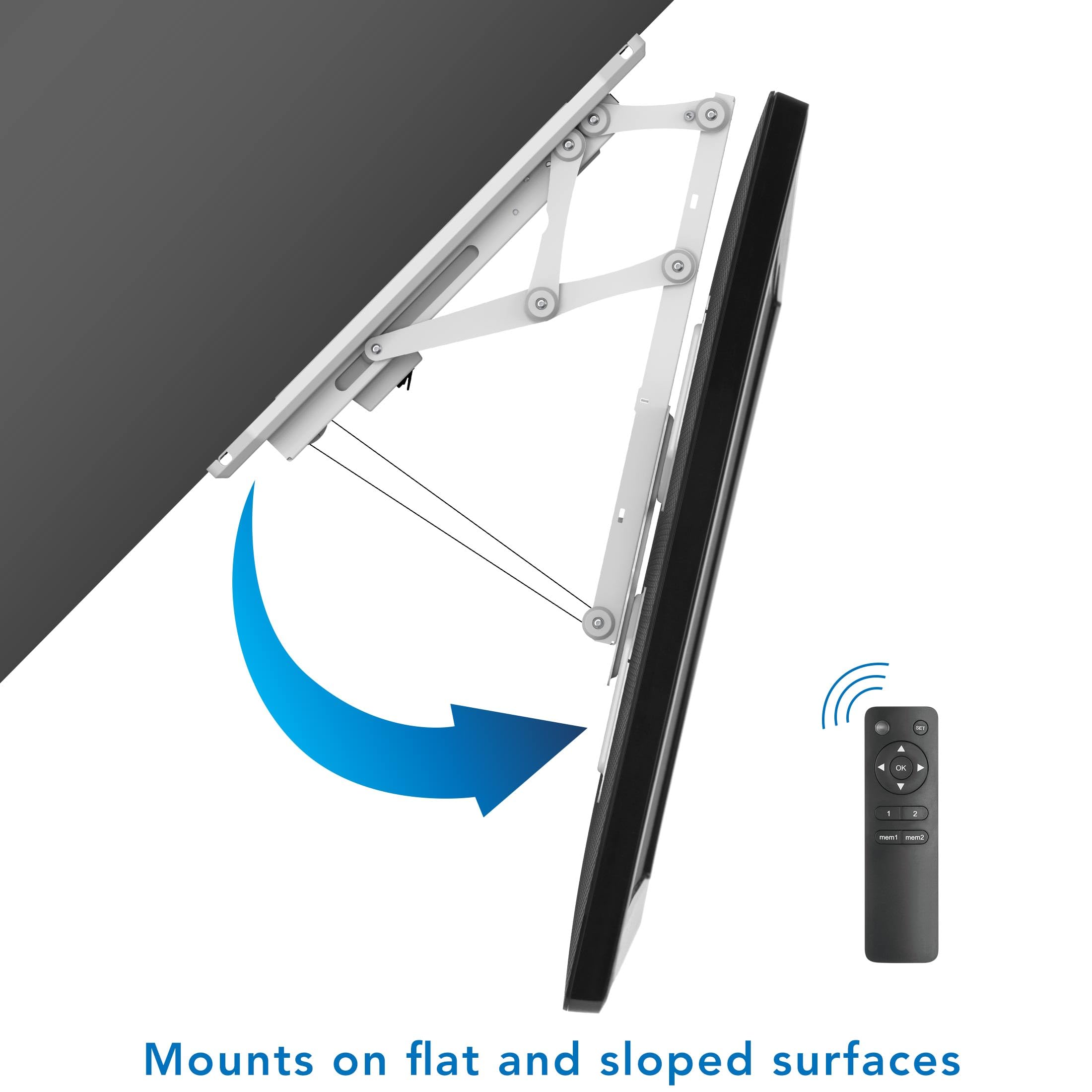 Mount It! Motorized Ceiling TV Mount with Remote, Electric Flip Down Pitched Roof Mount Fits 32, 37, 40, 47, 50 and 55 Inch Flat Screen TVs and Monitors, White