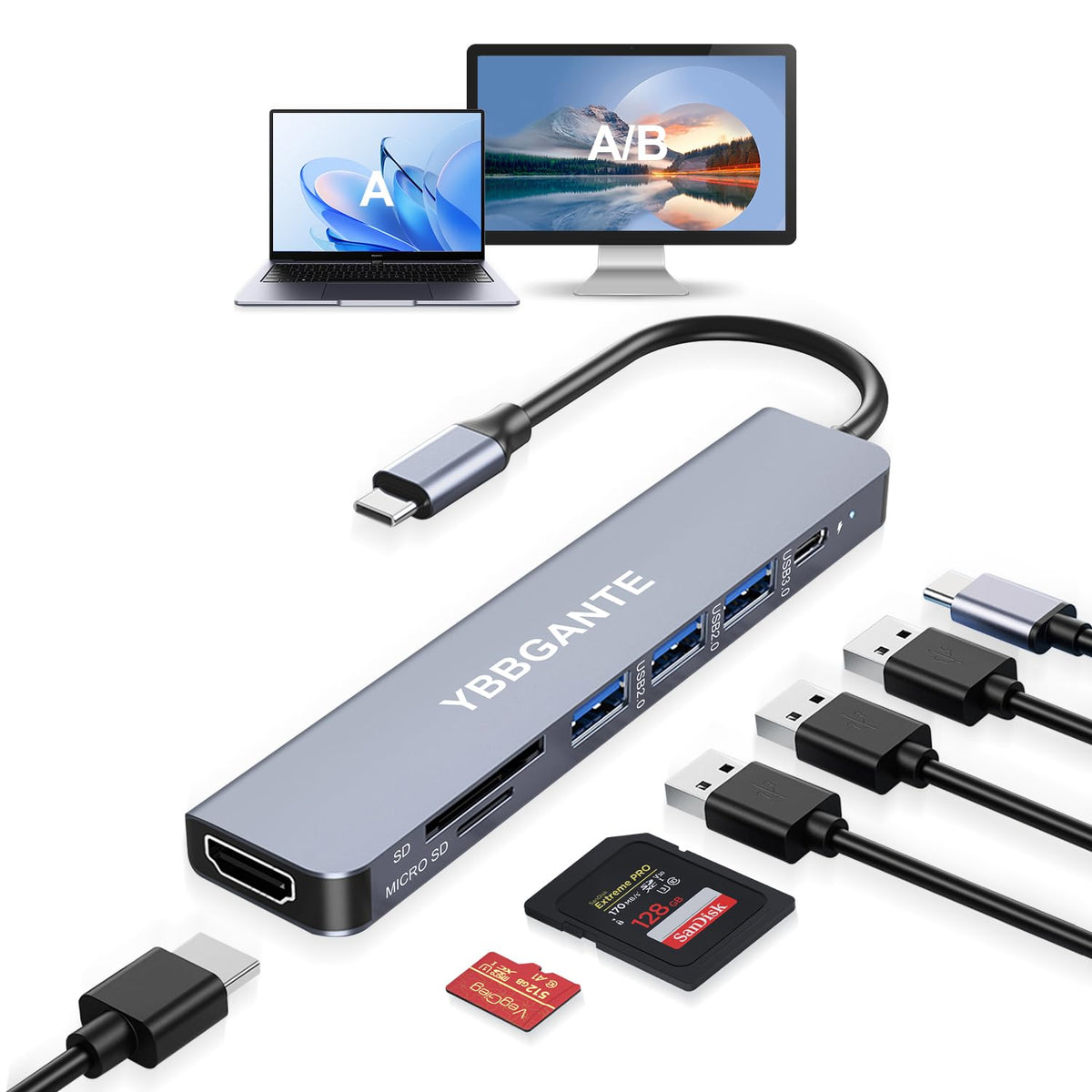 USBC Multiport Adapter USB c to USB hub 7 in 1 dongle Adapter USB c hu ...