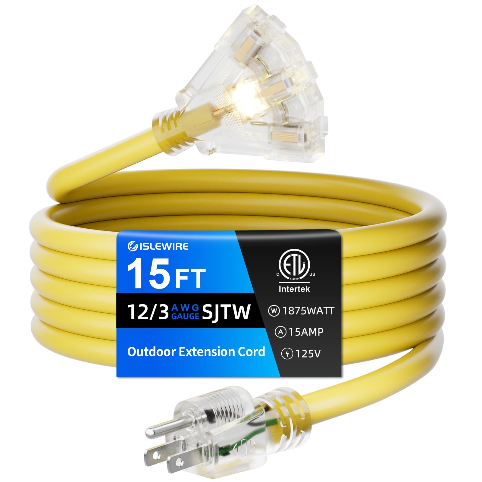Islewire 15 Ft Outdoor Extension Cord With Multiple Outlets, 12 Gauge Heavy Duty Yellow Extension Cord Waterproof With 3 Outlet,