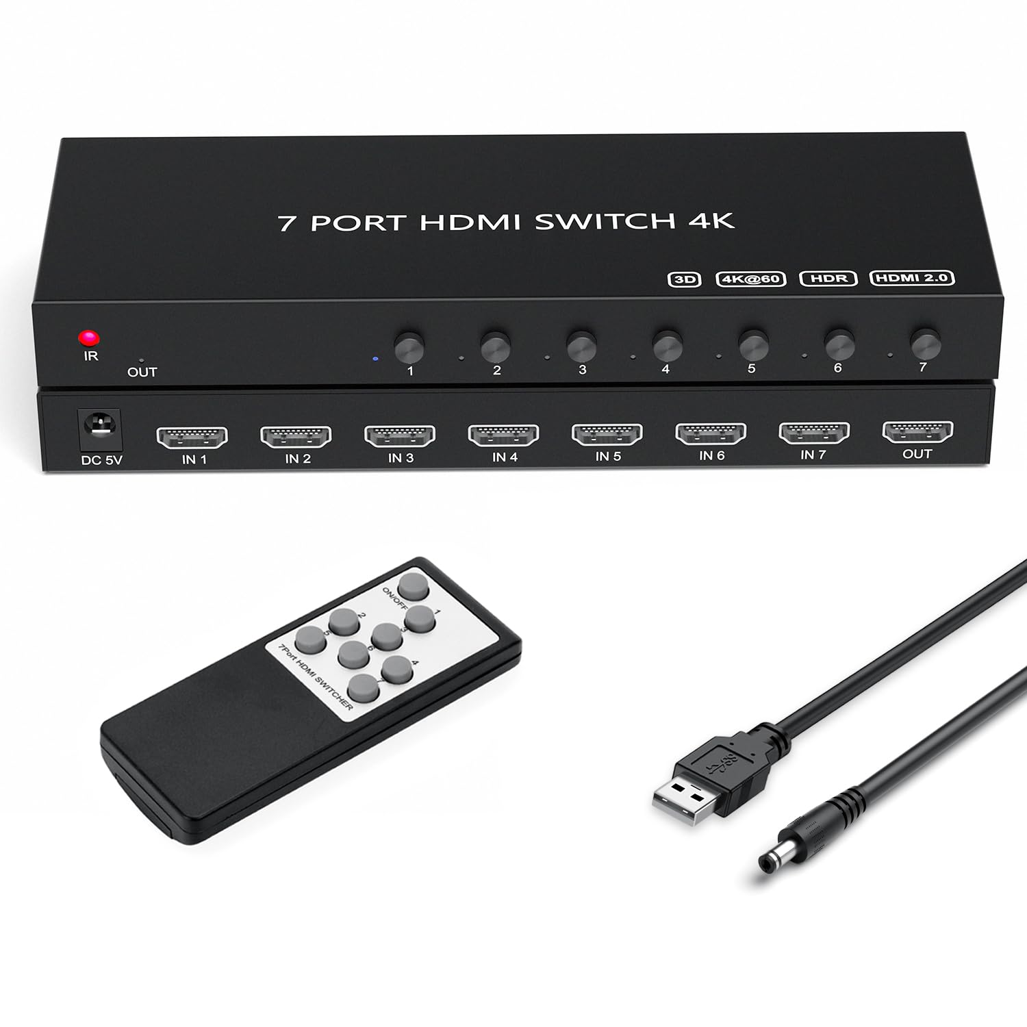 Hdmi Switch 4K@60Hz, 7In 1Out Hdmi Switcher Selector With Ir Remote Supports Full Hd 4K/1080P/3D & Hdcp 2.2 For Switch,Xbox,Ps4/Ps5,Fire Stick,Roku,Apple Tv Etc. (Hdmi 7Input 1Output)