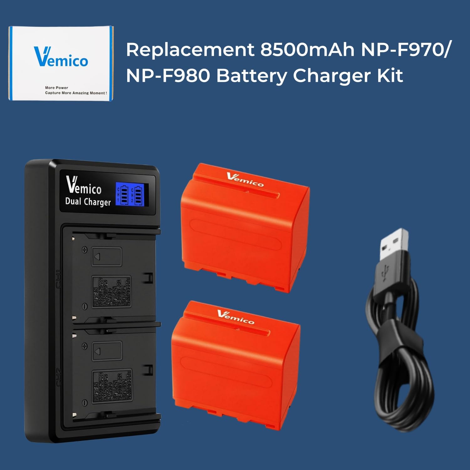 Vemico Np F970 Battery Charger Kit 2X8500Mah Replacement Np F550 Batteries With Lcd Usb C Charger For Np F970/F960/F530/F550/F57