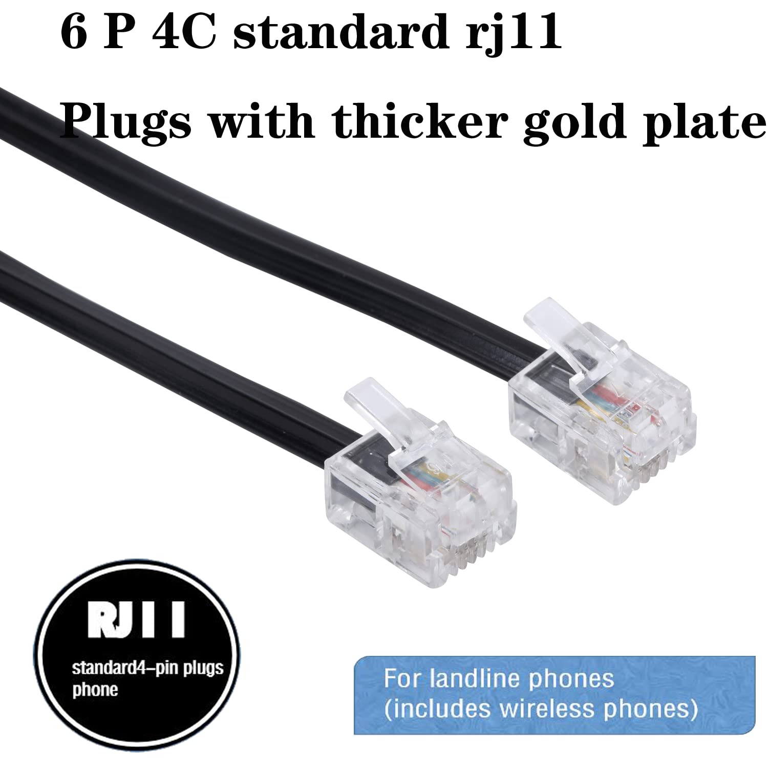 Telephone Landline Extension Cord Cable Cord With Standard Rj 11 6P4C Plug (3Ft 3Pack, Black)