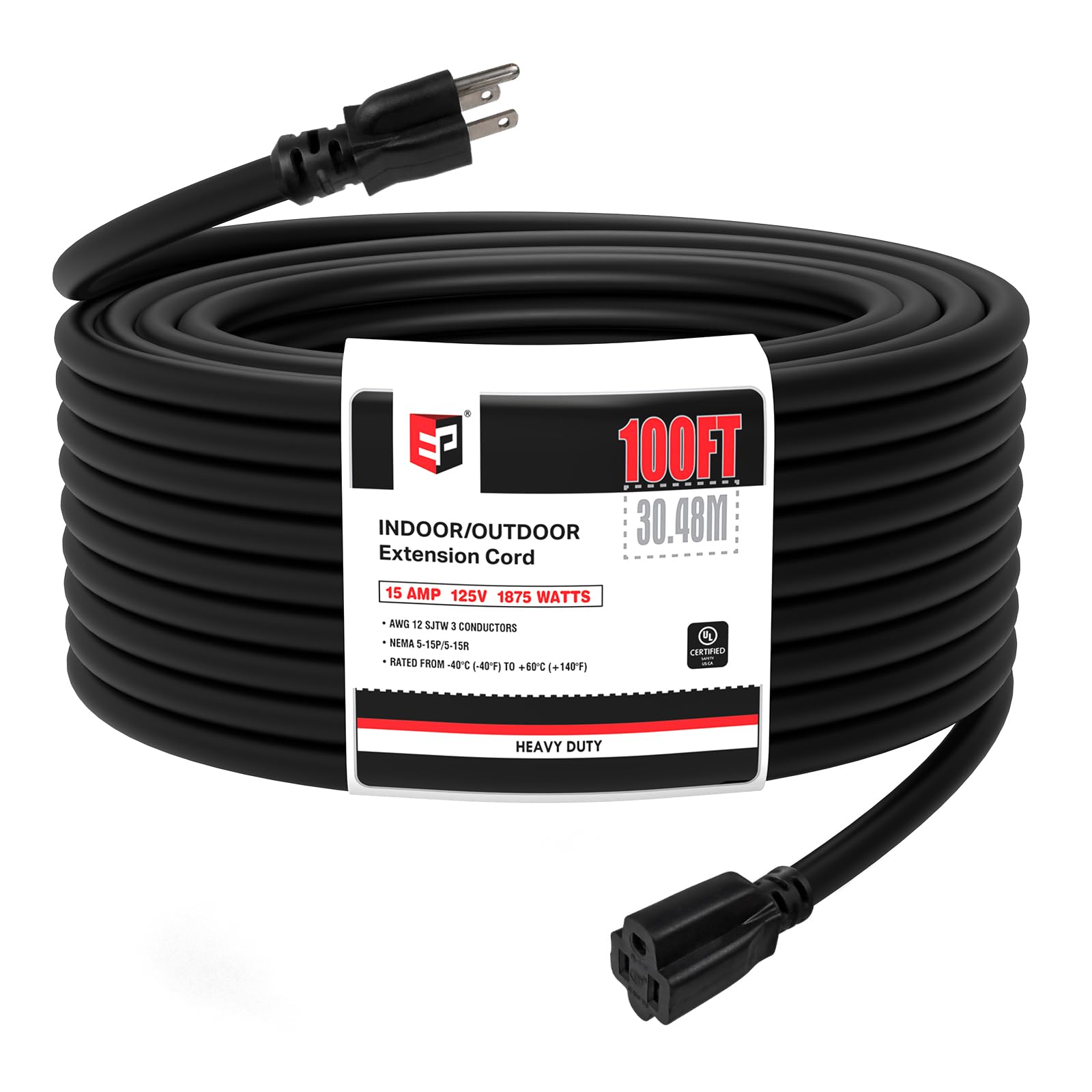 Ep 100 Ft Outdoor Extension Cord   12/3 Sjtw Heavy Duty Black Extension Cable With 3 Prong Grounded Plug   Power Cord For Lawn,