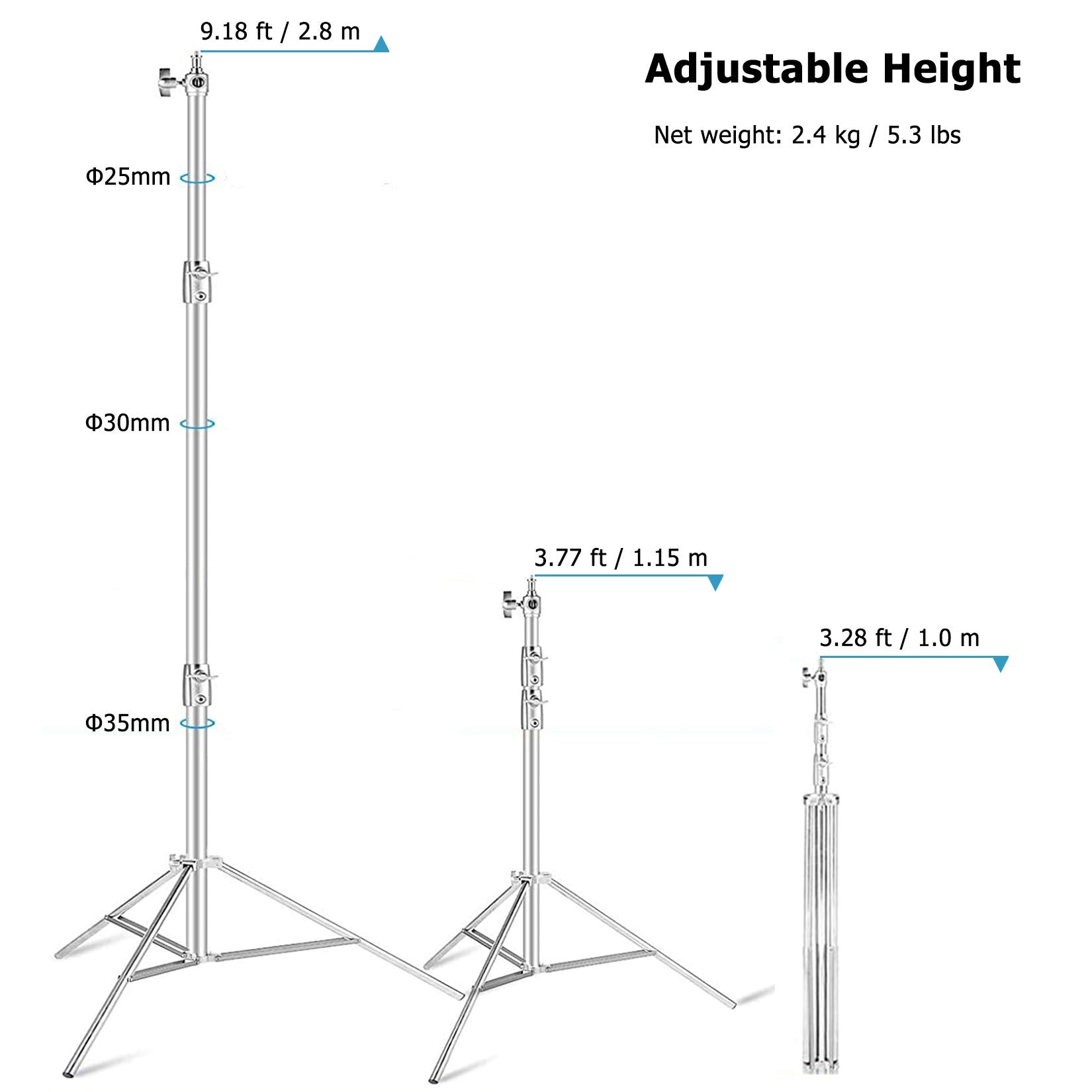 Selens Stainless Steel Heavy Duty Light Stand, 9Ft/2.8M Spring Cushioned Tripod Stand With 1/4 & 3/8'' Adapter Compatible With P