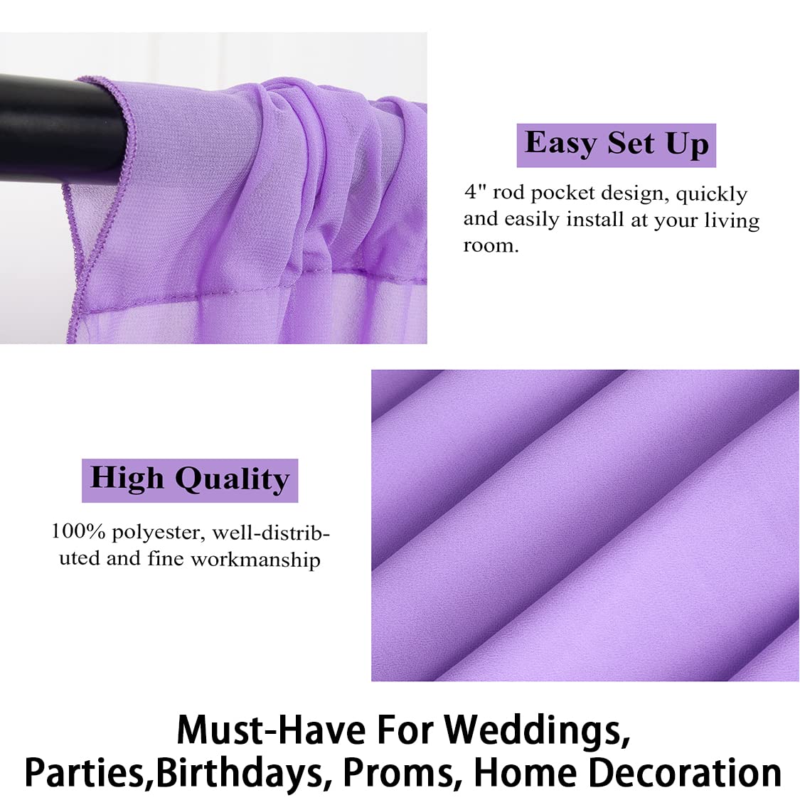 Lavender Wedding Arch Draping Fabrics 3 Panels 20Ft Chiffon Fabric Drapery Voile Fabrics Wedding Arches For Wedding Ceremony She