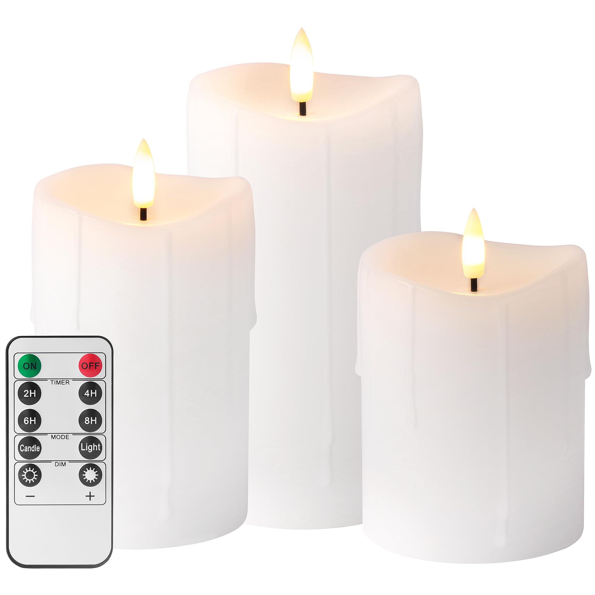 Velsyn White Flameless Candles with Remote and Timer, Real Wax Made Wax Drip LED Pillar Candles Battery Operated with 3D Flicker