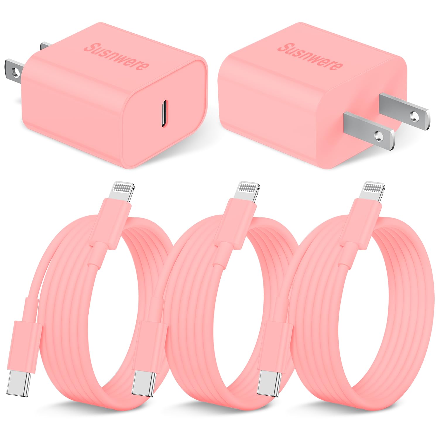 Susnwere Iphone 14 13 12 Charger Fast Charging, 2 Pack 20W Fast Pd Usb C Wall Charger Adapter With 3Pack 6Ft Usb C To Lightning Cable (Mfi Certified) For 14/14 Plus/14 Pro/14 Pro Max/13/ Pink