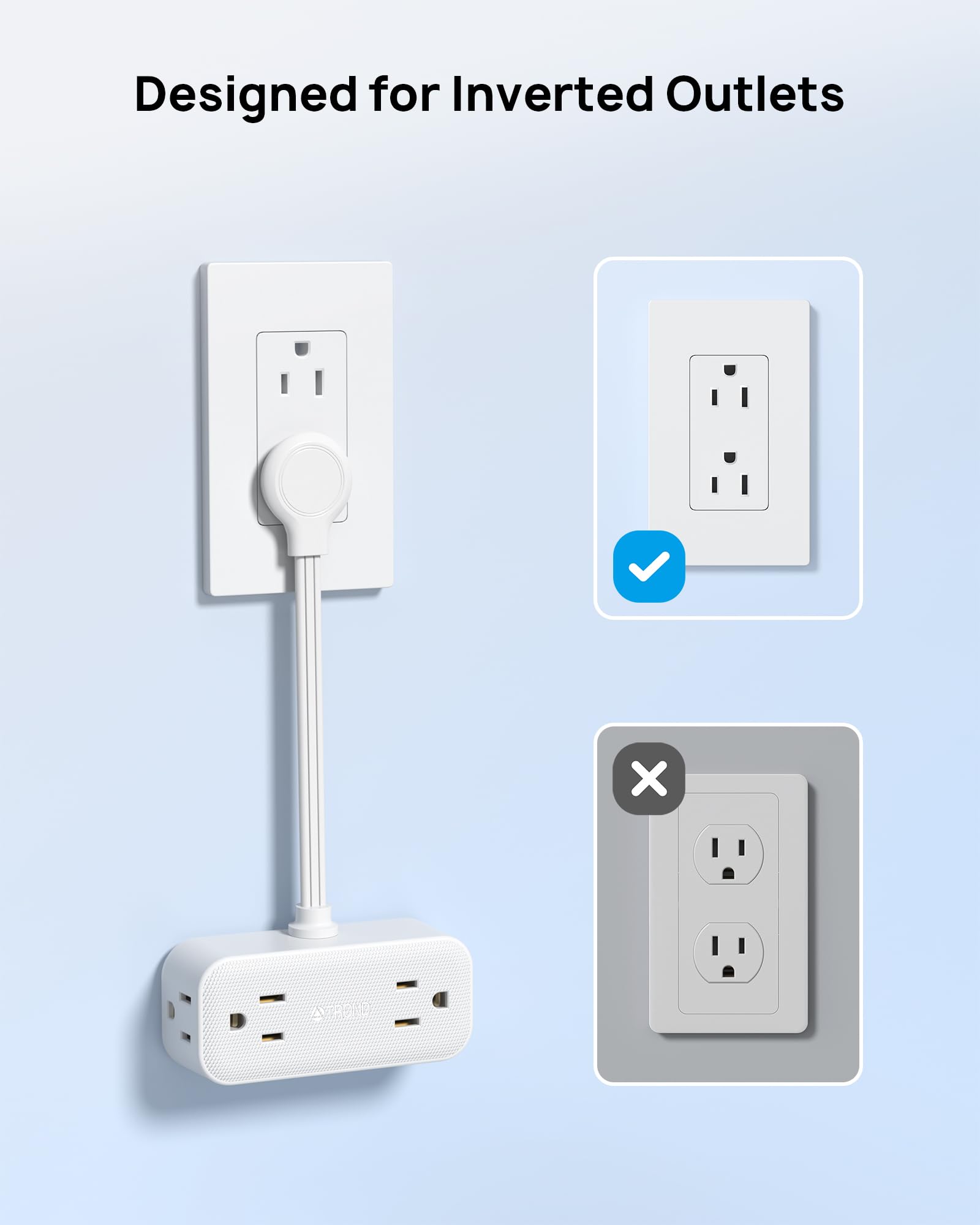 Trond Outlet Extender With 6 Inch Cord, Flat Plug Adapter For Inverted Sockets, 4 Electrical Sockets, 4 Usb Ports, Multi Plug Wa