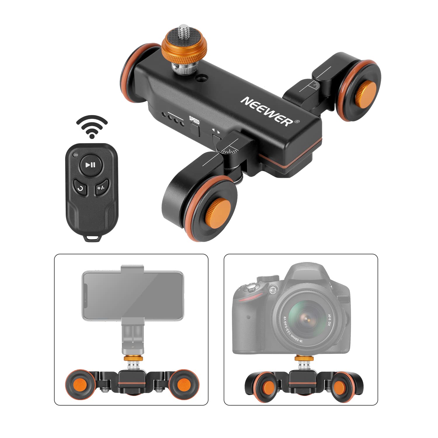 Neewer 3 Wheels Wireless Video Camera Dolly, 3 Speed Motorized Electric Track Rail Slider Dolly Car with Remote Control, Compati