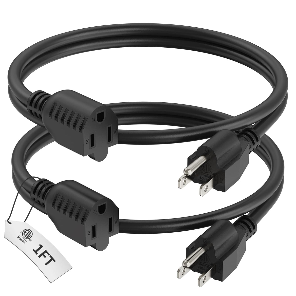 Plugtul 1 Foot Extension Cord Black, 2 Pack Short Power Cord, Indoor/Outdoor 16 Gauge 3 Prong Grounded Wire Etl Listed, 13A 1625