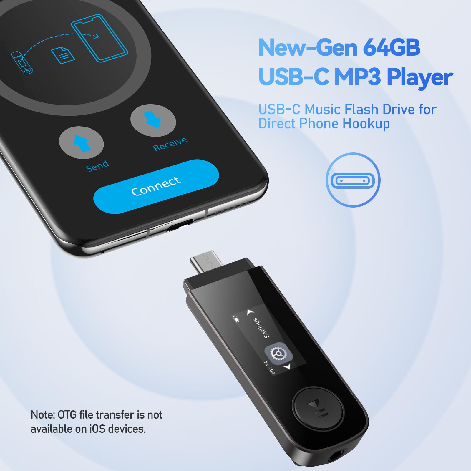 64Gb Usb Mp3 Player With Bluetooth, Agptek U5Pl 2 In 1 Type C & Usb Music Player With Clip, Fm Radio, Recording, Support Mobile