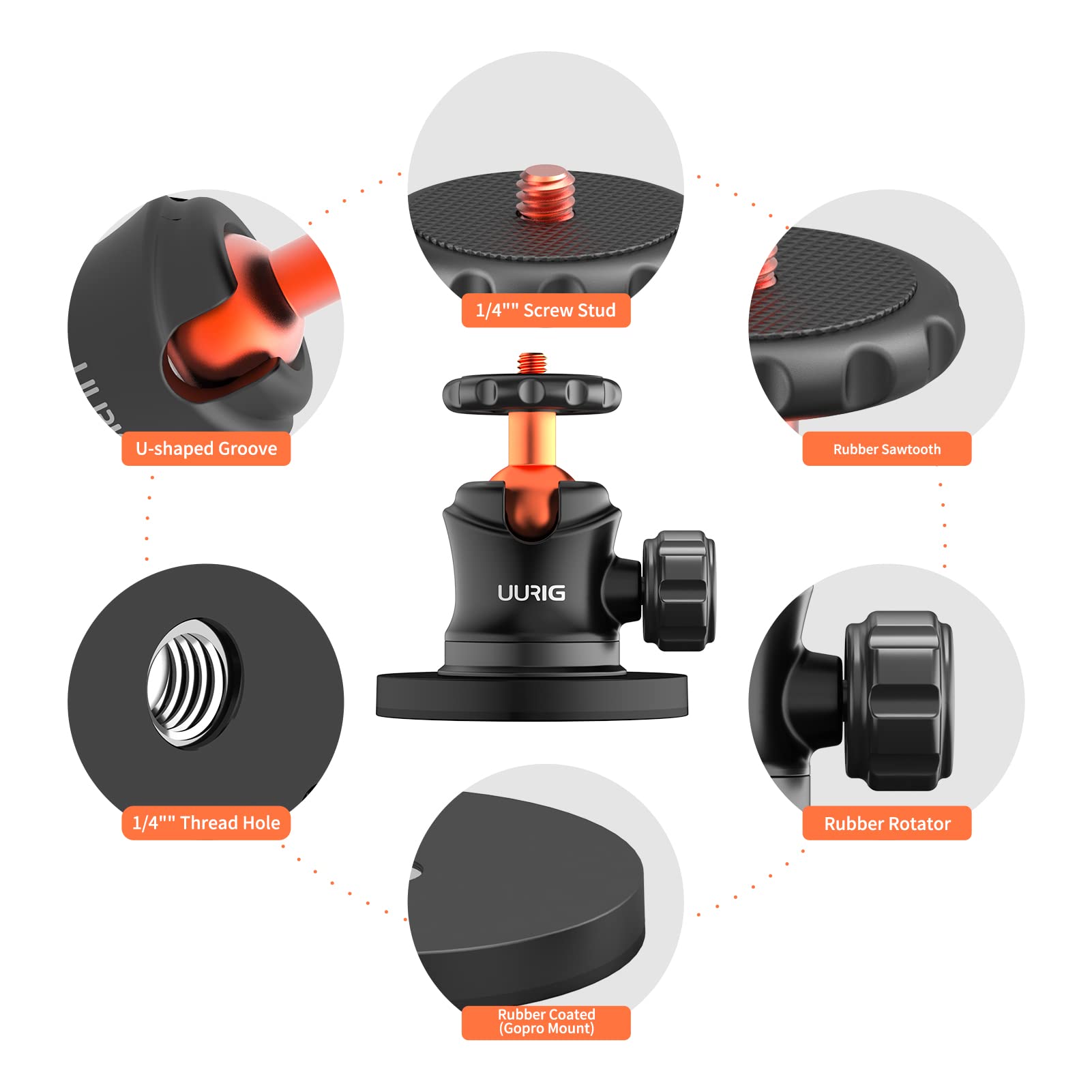 Uurig Bh07 Magnetic Camera Mount With 360 Ball Head, Magnetic Mount Base Stand With 1/4'' 20 Thread Compatible With Gopro, Rubbe