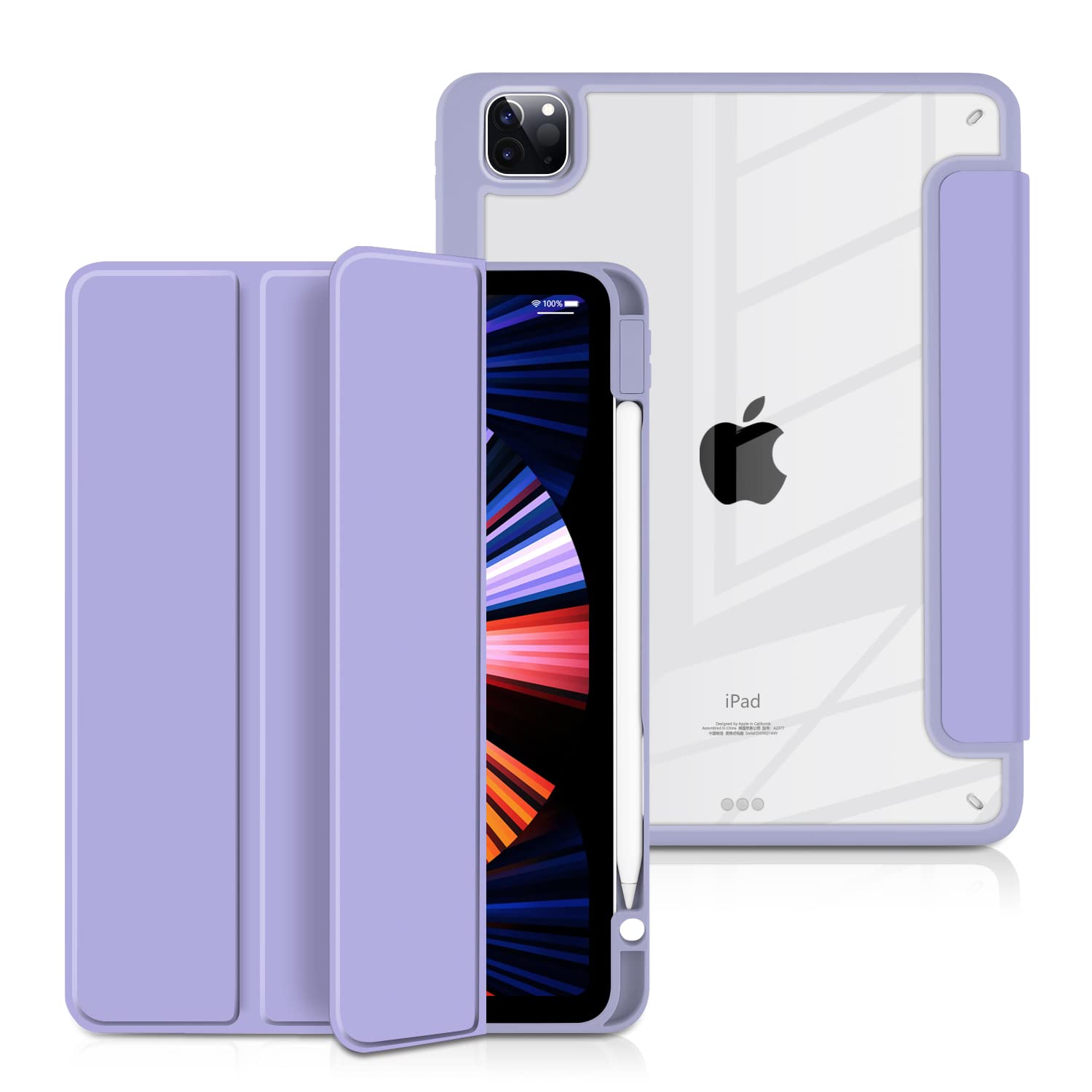 Batianda Hybrid Case For Ipad Pro 12.9 Inch 2022 M2 2021 5Th / Ipad Pro 12.9' 4Th/3Rd Gen [Built In Pencil Holder] Shockproof Cover With Clear Back Shell Tpu Bumper, Violet