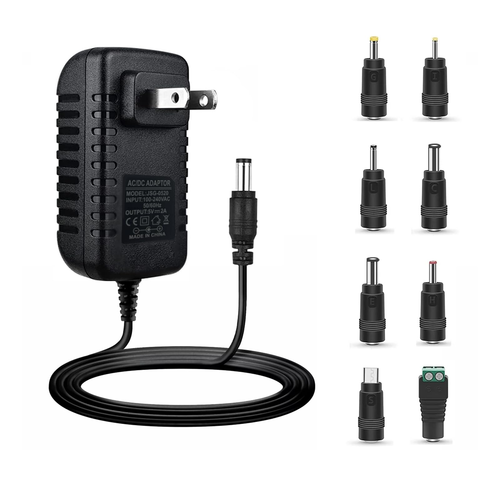 5V 2A Power Adapter, Dc 5V Power Cord With 8 Selectable Plug, Universal Power Adapter For Led Power Supply, Cctv Camera, Bt Spea