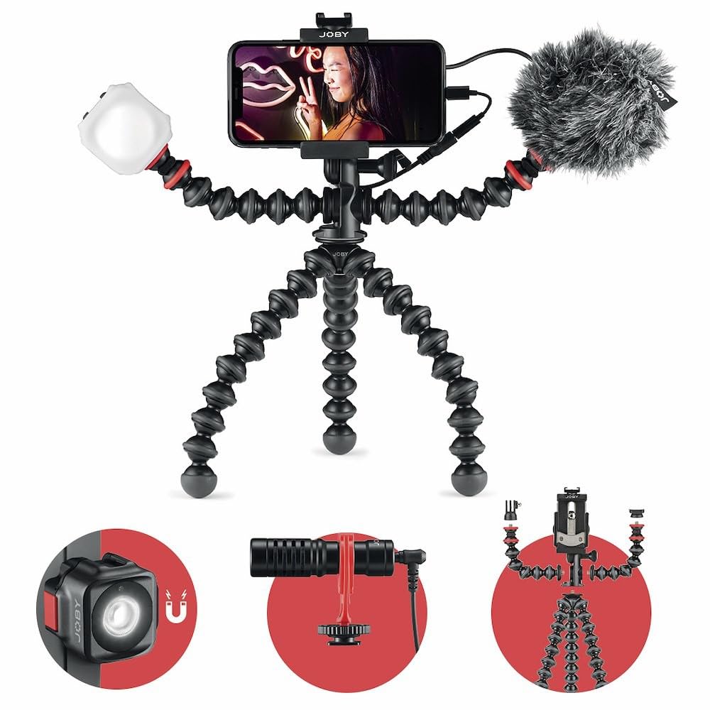 JOBY GorillaPod Mobile Vlogging Kit (Smartphone Rig, Wavo Mobile Mic, Beamo Mini LED Light) Flexible Tripod, Phone Holder, Vlog 