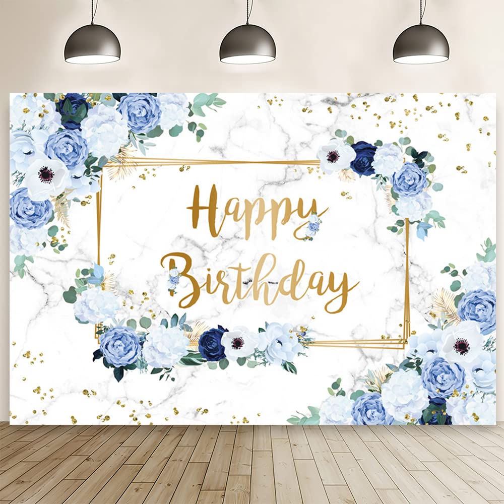 Mehofond 7X5Ft Happy Birthday Backdrop Blue And White Flowers Bday Photography Background Girls Geometric Gold Glitter Dots Birt