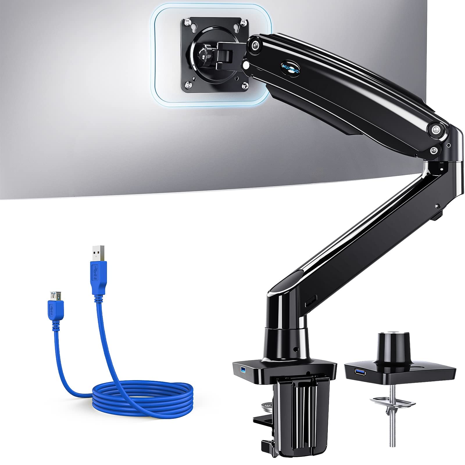Huanuo Single Monitor Arm For 40 Inch Screens, Ultrawide Computer Monitor Mount Holds 26.48 Lbs, Upgraded Adjustable Monitor Stand With Usb, C Clamp & Grommet Base, Vesa 75X75 Or 100X100Mm