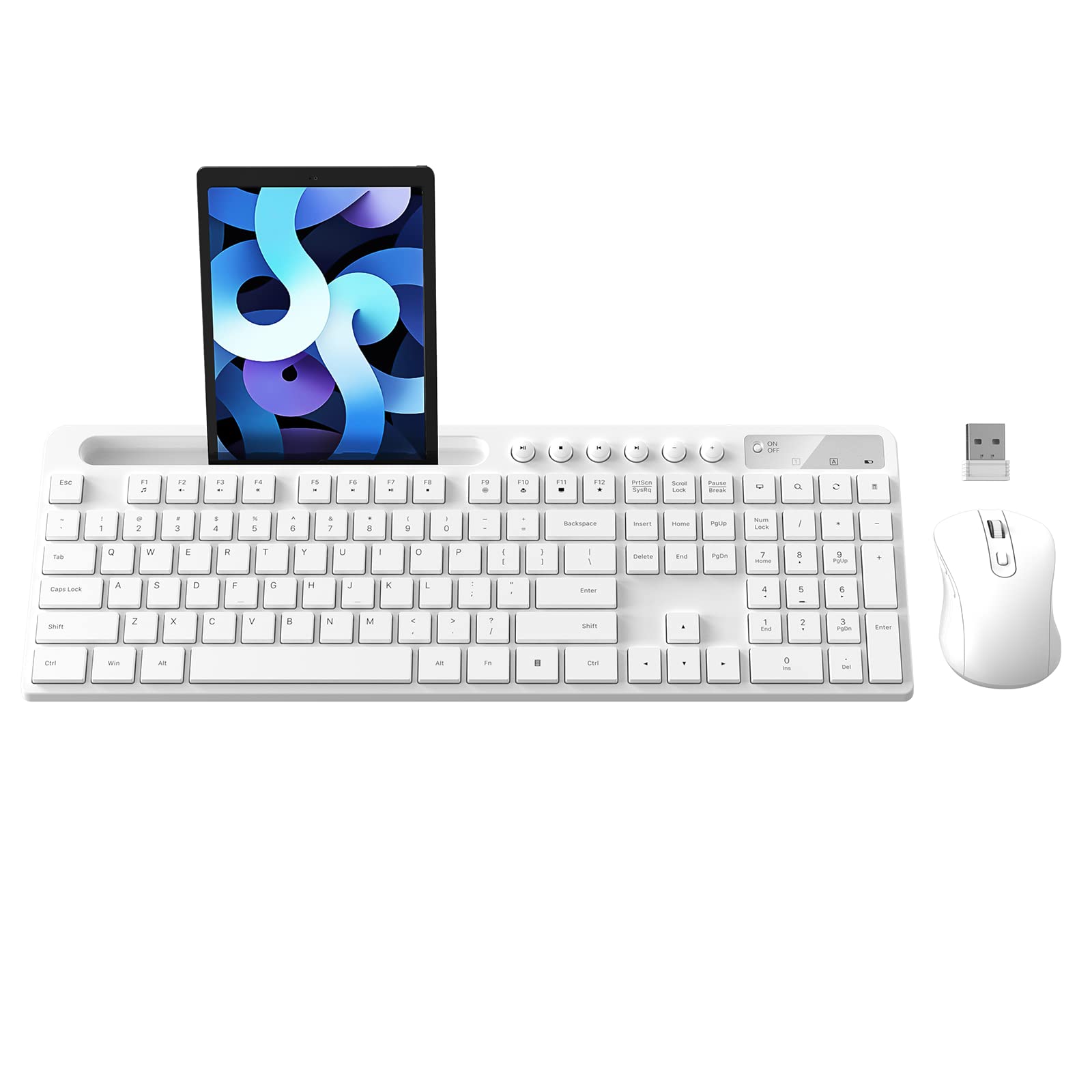 Wireless Keyboard And Mouse Combo, Marvo 2.4G Ergonomic Wireless Computer Keyboard With Phone Tablet Holder, Silent Mouse With 6 Button, Compatible With Macbook, Windows (White)