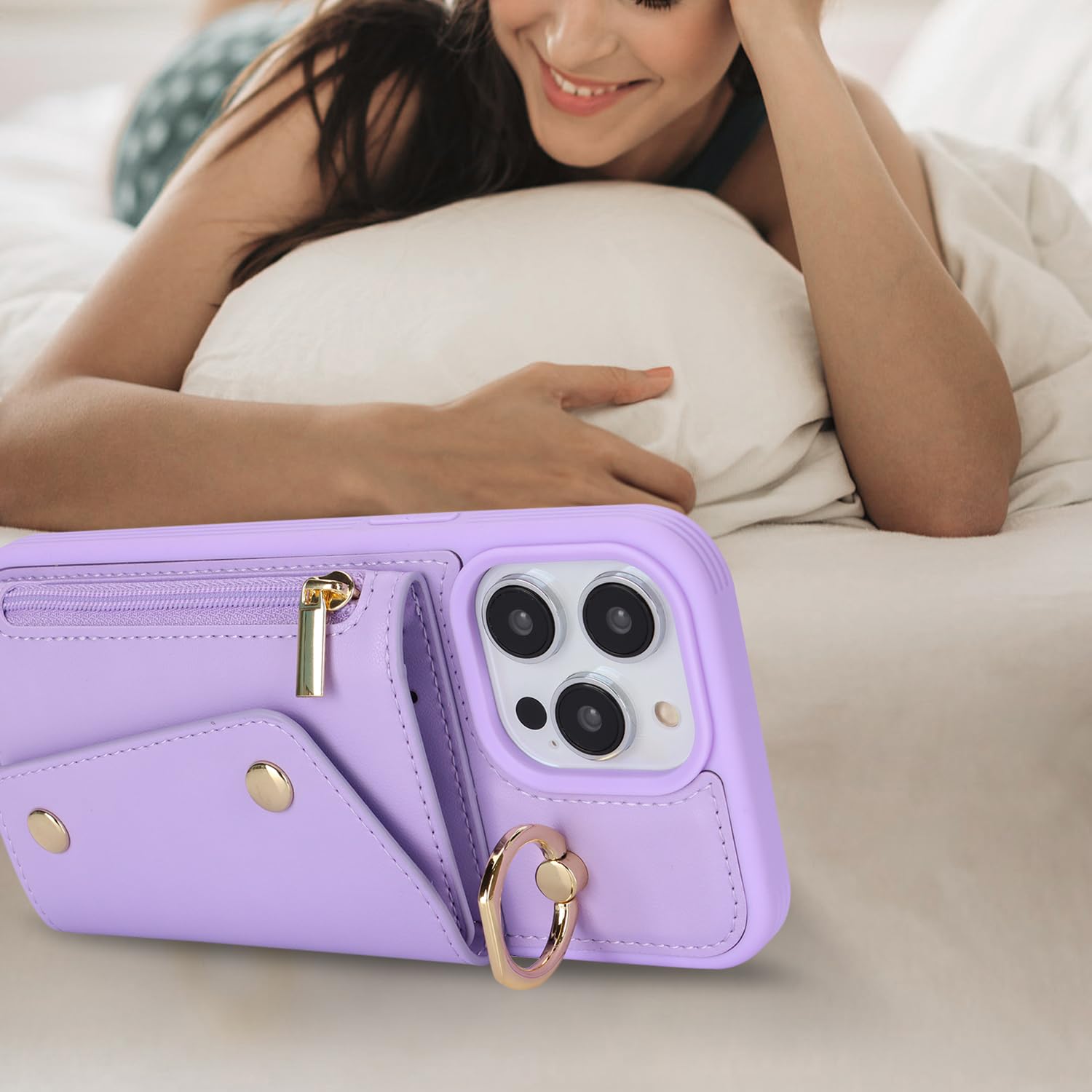 Lipvina For Iphone 15 Pro Max Case With Card Holder And Strap - Zipper Pocket,Crossbody Lanyard Strap,Credit Card Holder,Stand R