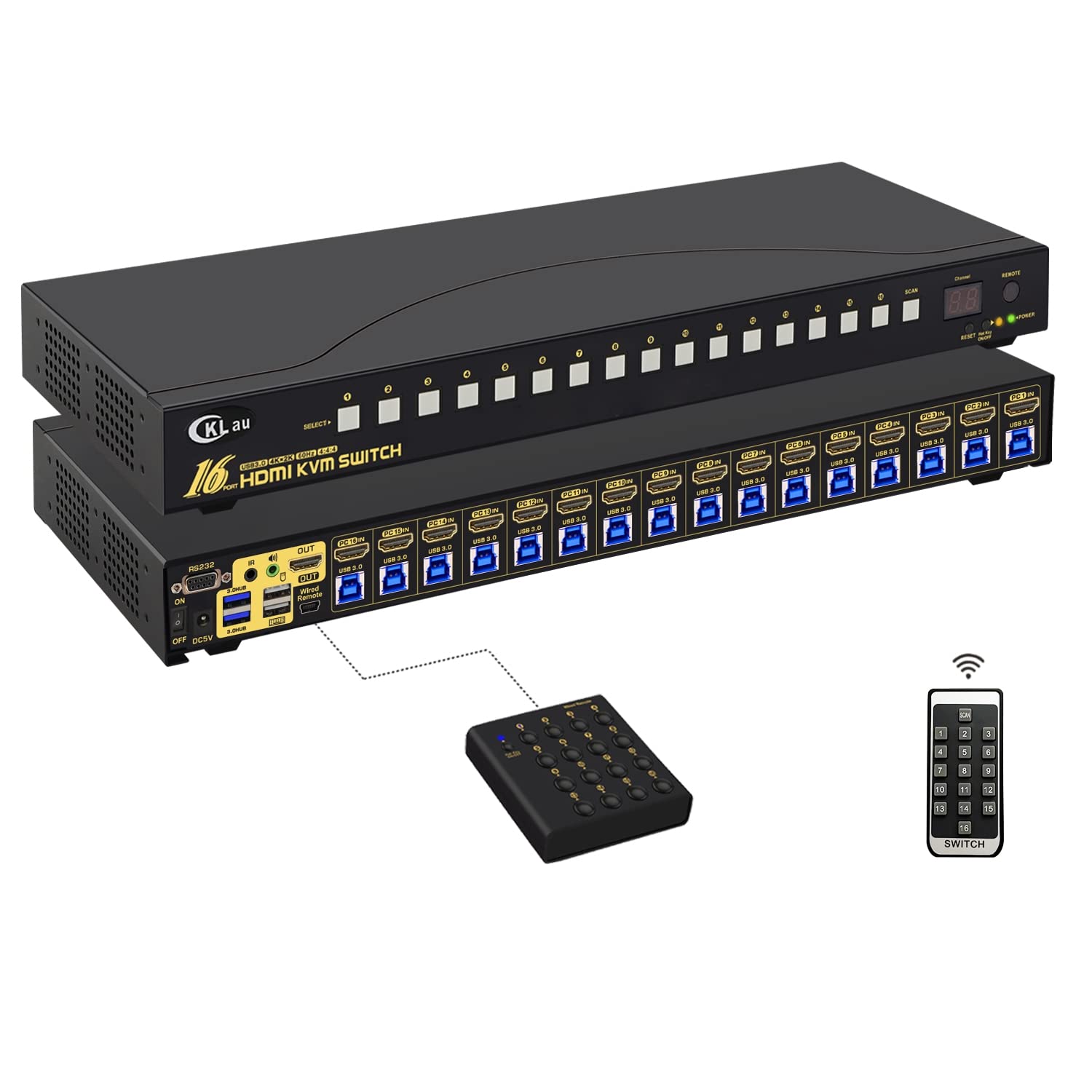 Cklau 16 Port Rack Mount Usb 3.0 Kvm Switch Hdmi 4K60Hz With Audio, Cables, And 2 Pcs Usb 3.0 Hub For 16 Computers Sharing Singl