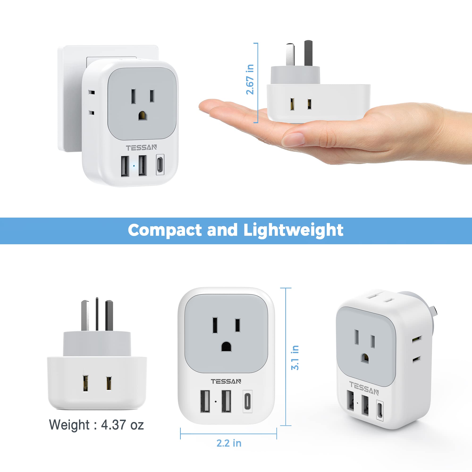 TESSAN Type I Travel Adapter with 4 Outlets & 3 USB Ports, Model TS-161-AU-C, Grey-White, Ideal for Australia & New Zealand Travel