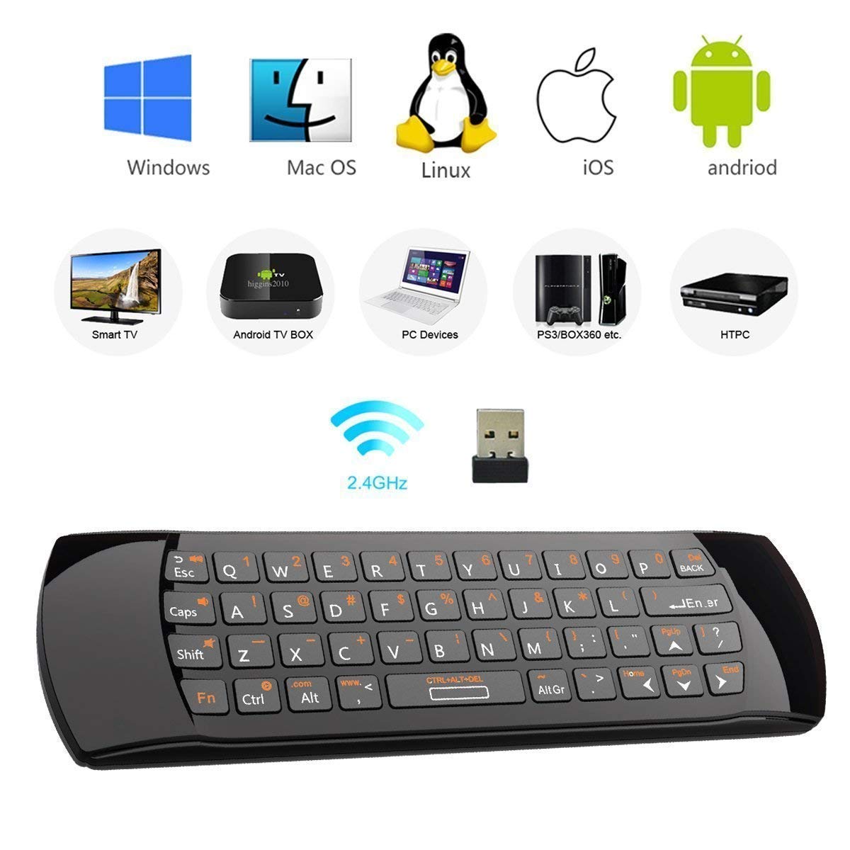 Rii K25 Multifunction Portable 2.4Ghz Mini Wireless Fly Mouse Keyboard And Remote Control With Rechargeable Li Ion Battery (Blac