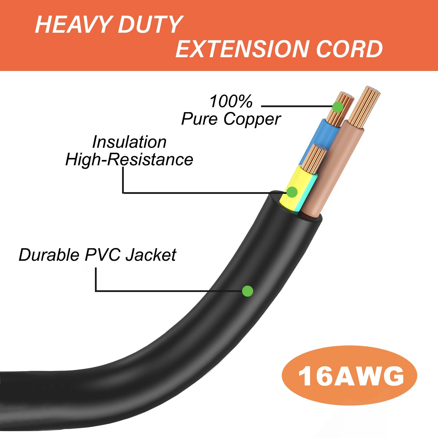 16/3 Gauge Black Outdoor Extension Cord 50 Ft Waterproof With Lighted Indicator, Cold Weatherproof  40C, Flexible 3 Prong Extens